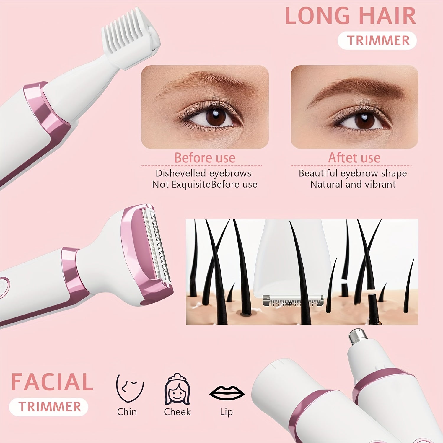 Hair Remover 4in1 Women's Electric  Multifunctional Women's Electric Shaver Trimmer Set Bikini Line Trimmer for Women USB Rechargeable for Eyebrows, Nose, Face Legs Hair Removal Portable Gentle Perfect Gift for Women