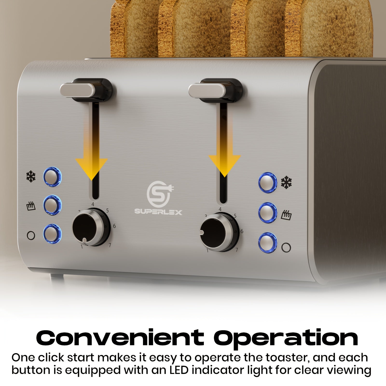 Toaster SUPERLEX 1600W 4-Slice Stainless Steel  | Digital Display | Defrost/Reheat/Cancel | Auto Pop-Up & Crumb Tray | Cord Storage (220-240V EU), Kitchen Appliance, Home Cooking, Sleek Design, Modern Toaster, Durable Construc