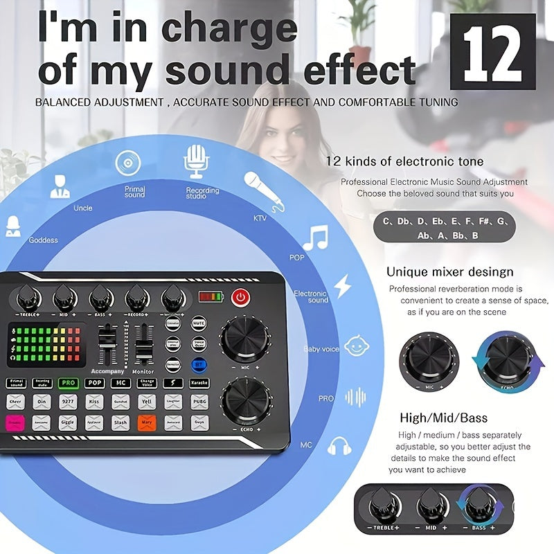 Sound Card USB-Powered Live  with Audio Interface, DJ Mixer Effects, Voice Changer, Rechargeable 1200mAh Lithium Battery, for Streaming, Podcasting, Gaming - Studio Equipment