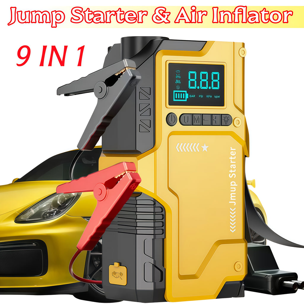 JKUOO Deluxe 9-in-1 Portable Air Pump, Car Jumper Starter with Inflator 150PSI Combo, Quick Activation Battery Power for Cars and 34.07 L/2.11G Diesel Engines, Vehicle Emergency Tool Kit Roadside Assistance, 4 Modes Adjustabl