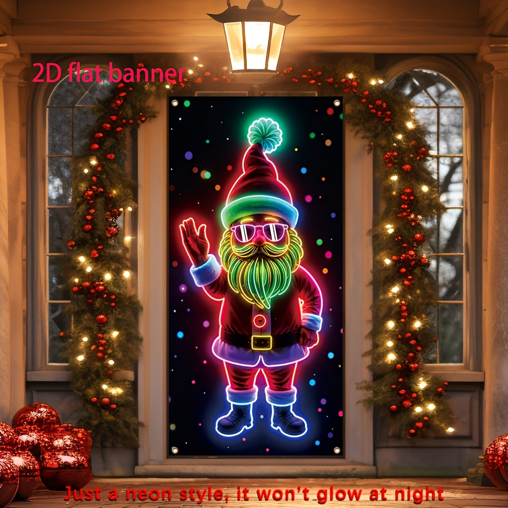 Door Banner 2D Flat, 1pc Festive Santa Claus Neon  - Durable Polyester, Glowing Christmas & New Year Party Decor