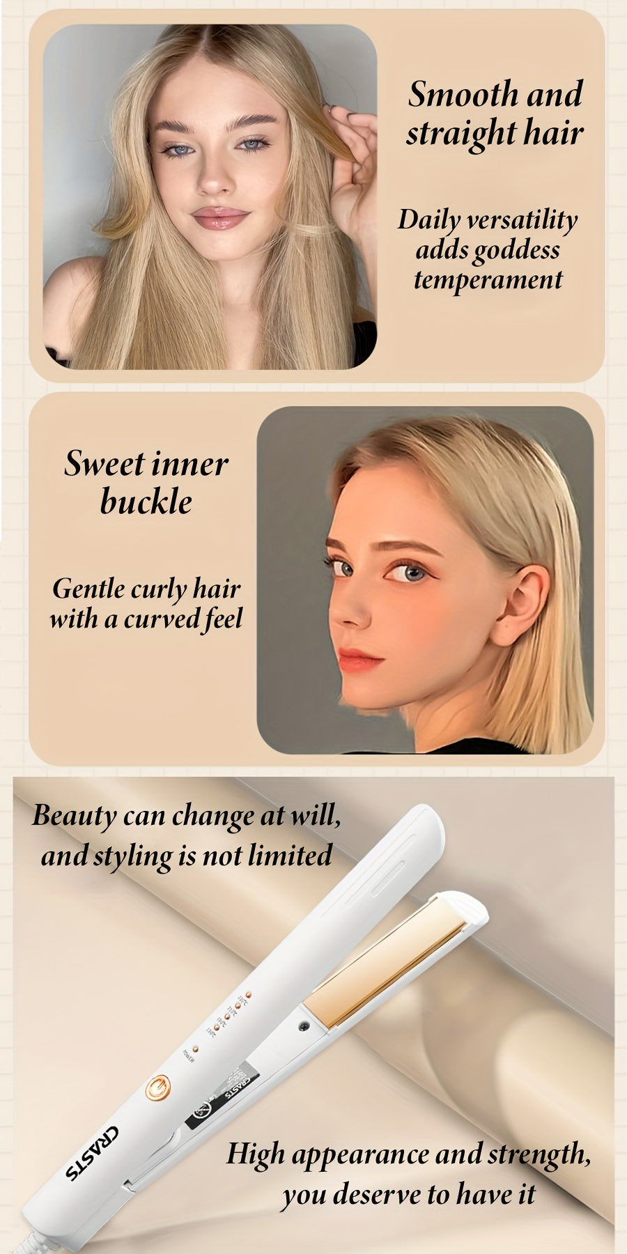Hair Straightener CRASTS Titanium Flat Iron, 24W Unisex Adult  with 4-Temperature Settings, 220V Type C Plug, No Battery Required, for Straightening and Styling Hair, Home Use