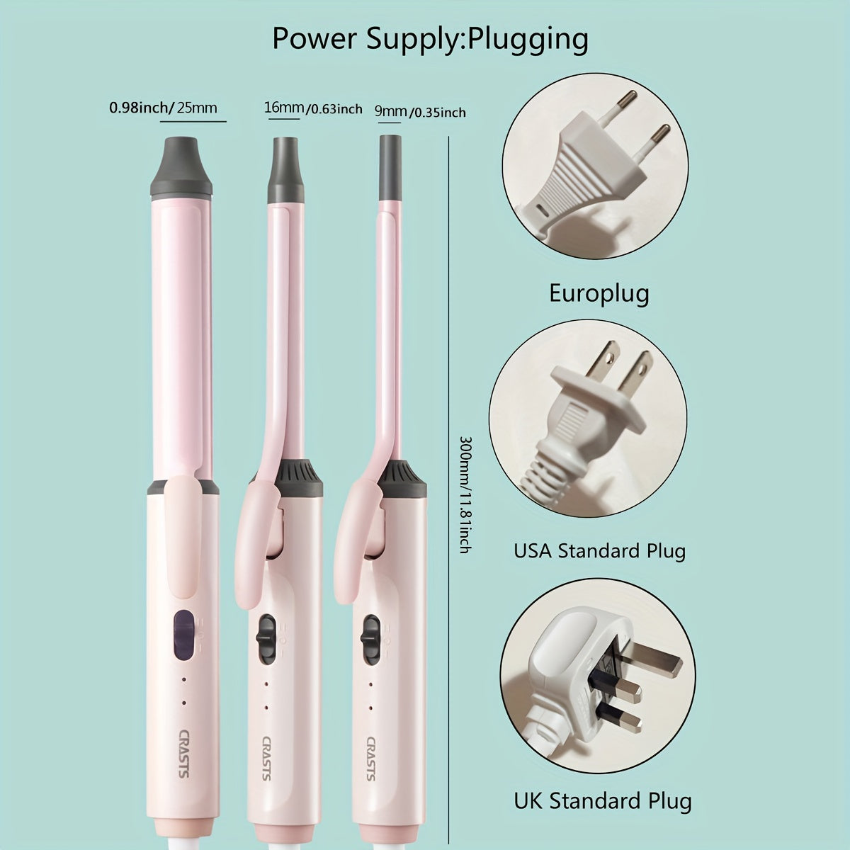 Hair Curling Wand CRASTS Unisex Adult , 9mm-25mm Teddy Bear Waves, Air Bangs, Mini 9mm 16mm 25mm Water Ripple Curls, 58W 220V Type C Plug, No Battery Required