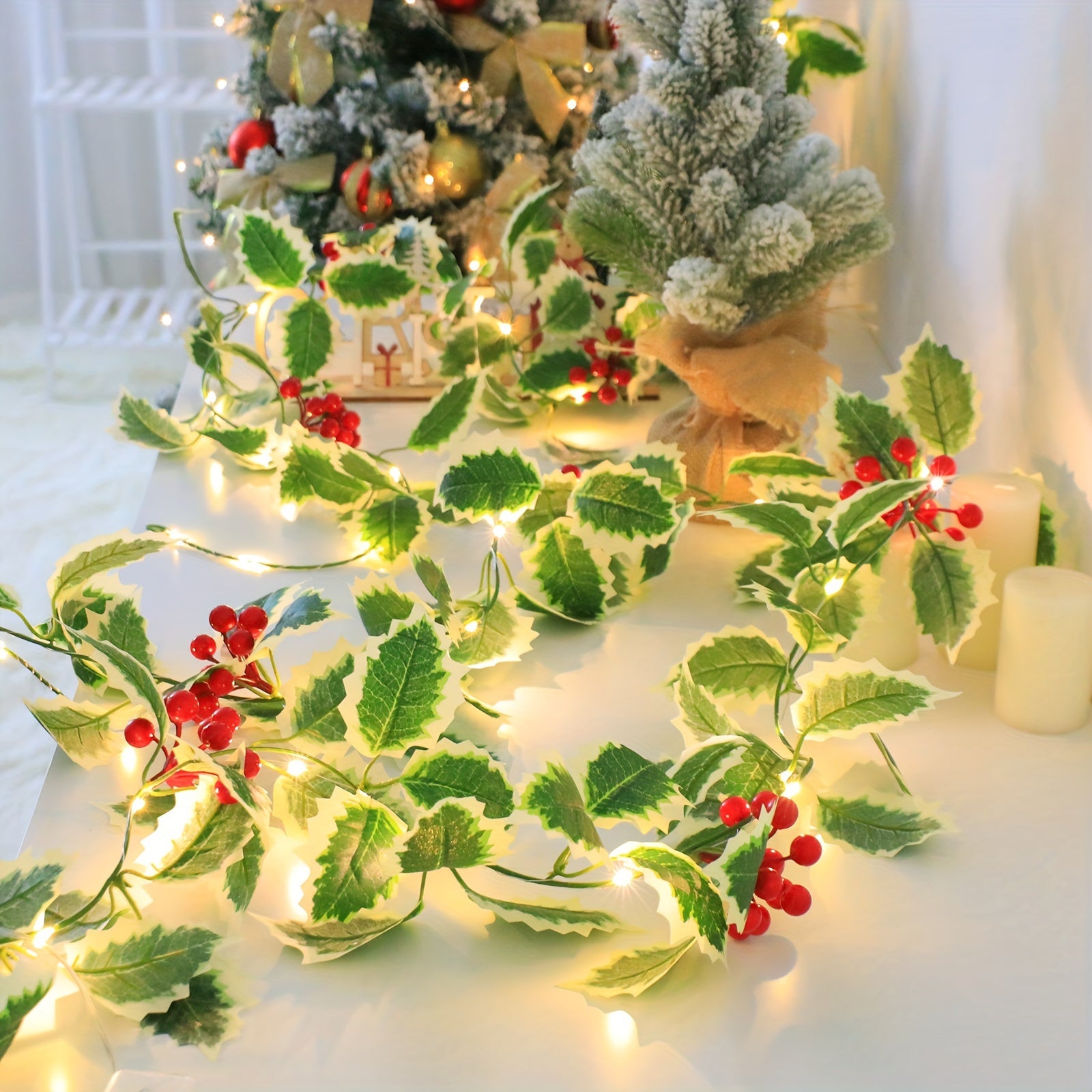 Garland 1set, 30LED Lighted Festive 170cm Christmas Garland with Red Berries and Holly Leaves