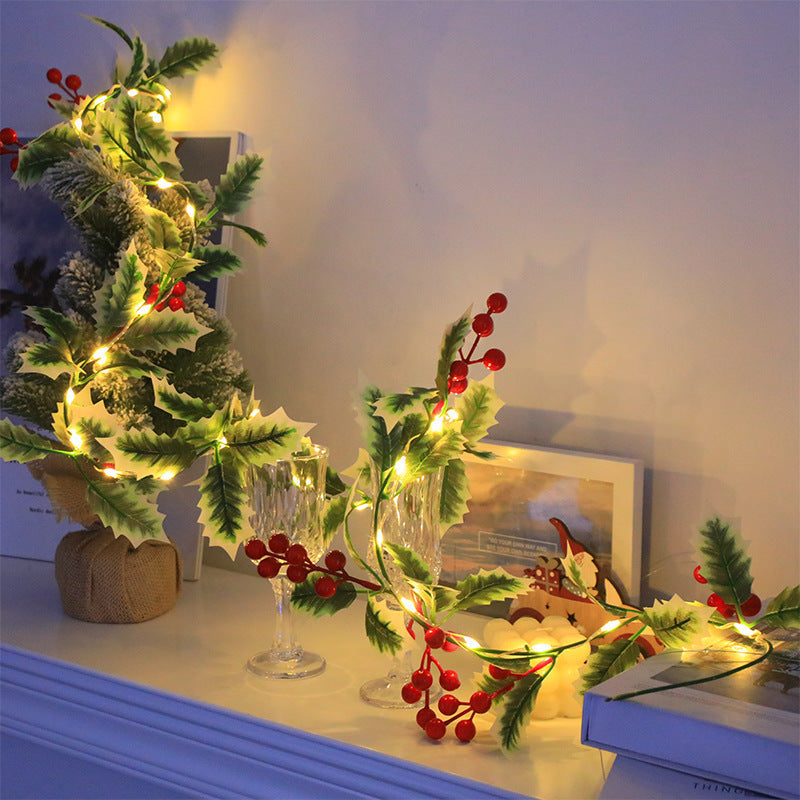 Garland 1set, 30LED Lighted Festive 170cm Christmas Garland with Red Berries and Holly Leaves