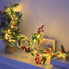 Garland 1set, 30LED Lighted Festive 170cm Christmas Garland with Red Berries and Holly Leaves