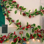 Garland 1set, 30LED Lighted Festive 170cm Christmas Garland with Red Berries and Holly Leaves