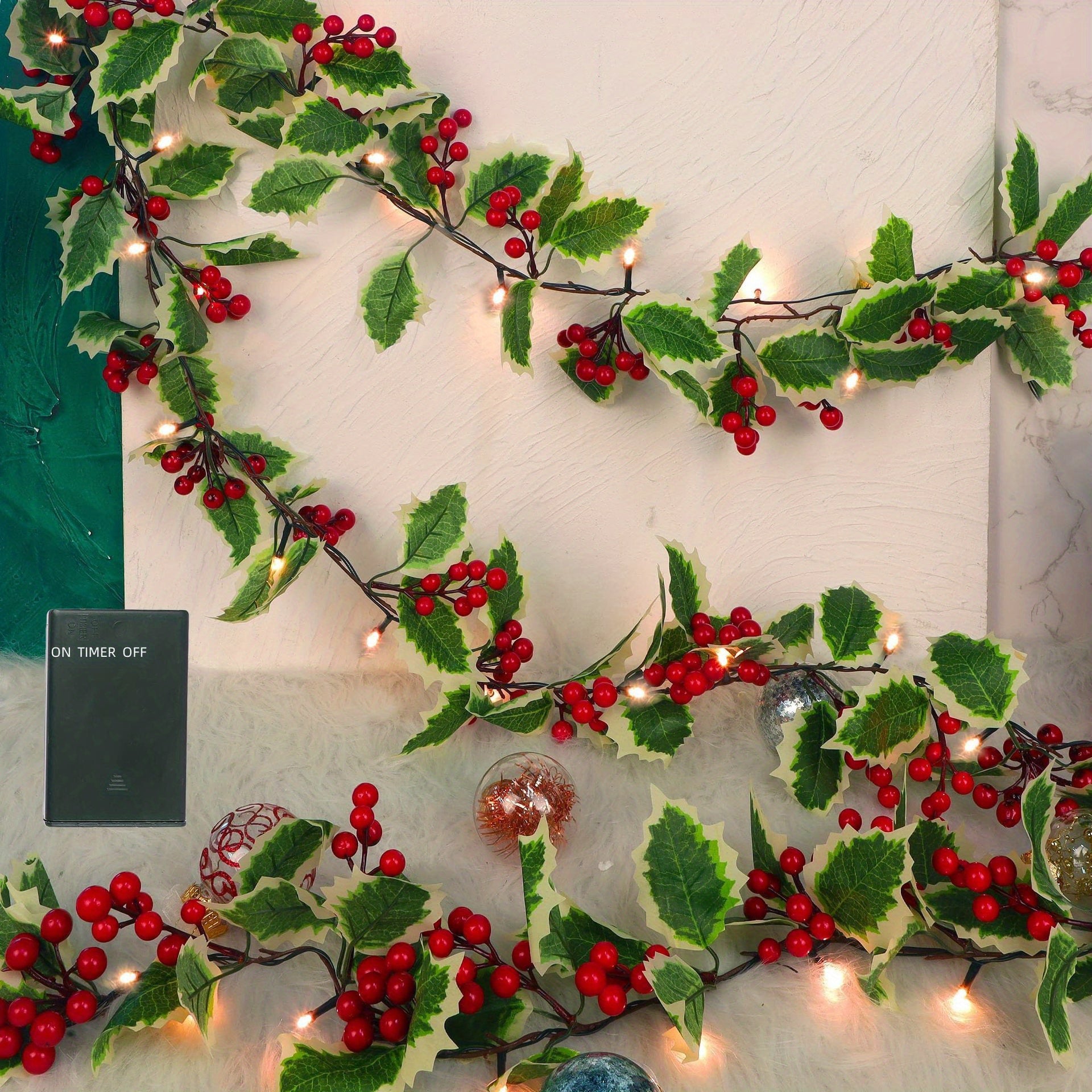 Garland 1set, 30LED Lighted Festive 170cm Christmas Garland with Red Berries and Holly Leaves