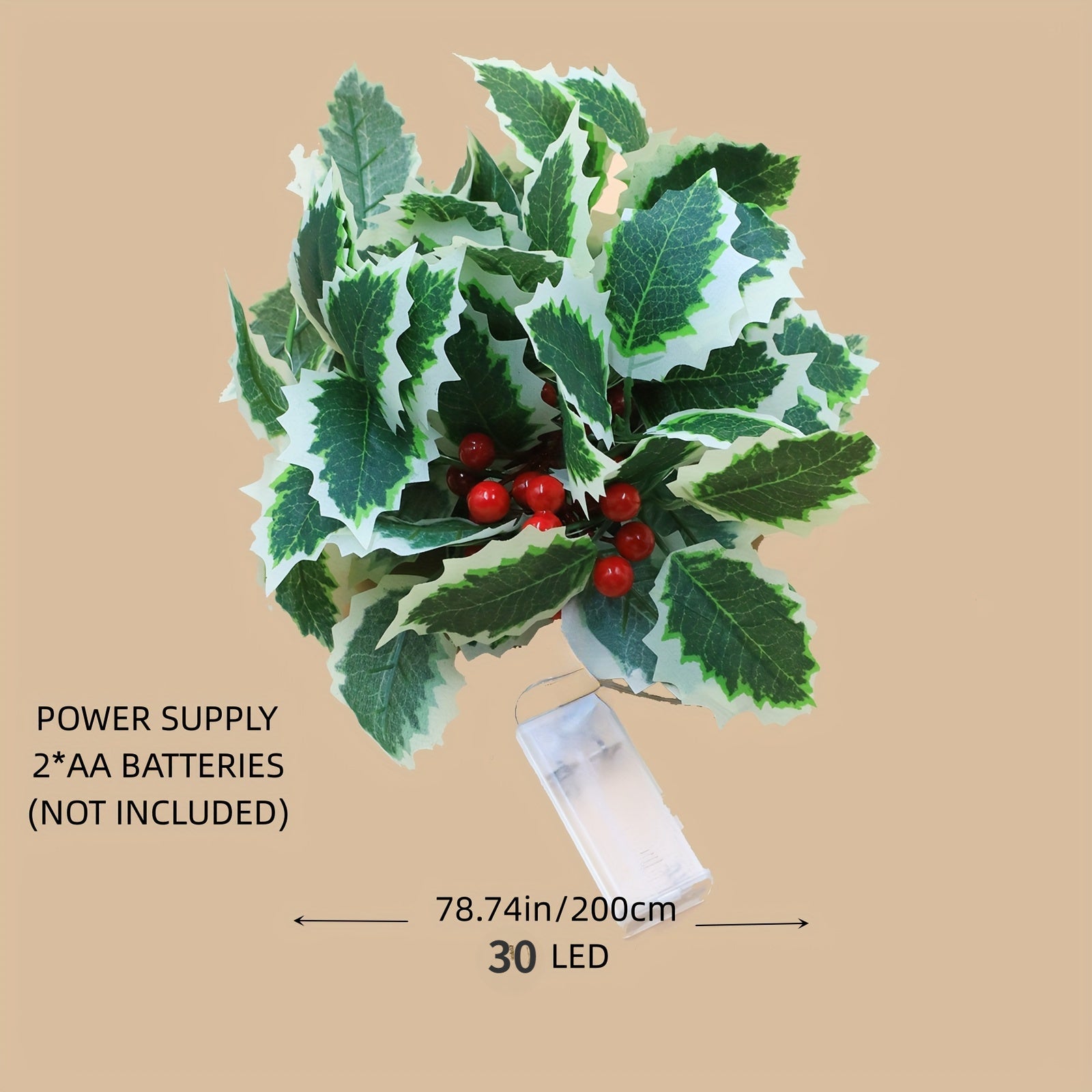 Garland 1set, 30LED Lighted Festive 170cm Christmas Garland with Red Berries and Holly Leaves