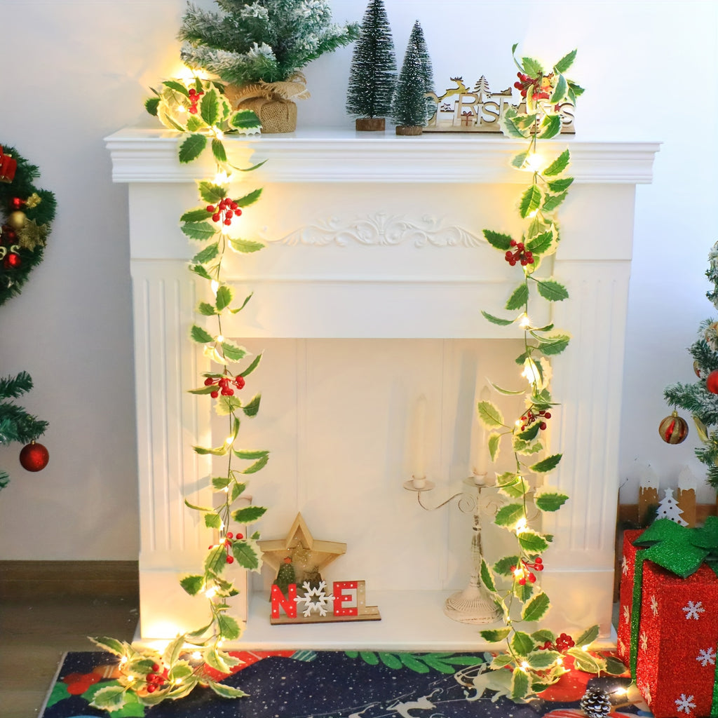 Garland 1set, 30LED Lighted Festive 170cm Christmas Garland with Red Berries and Holly Leaves