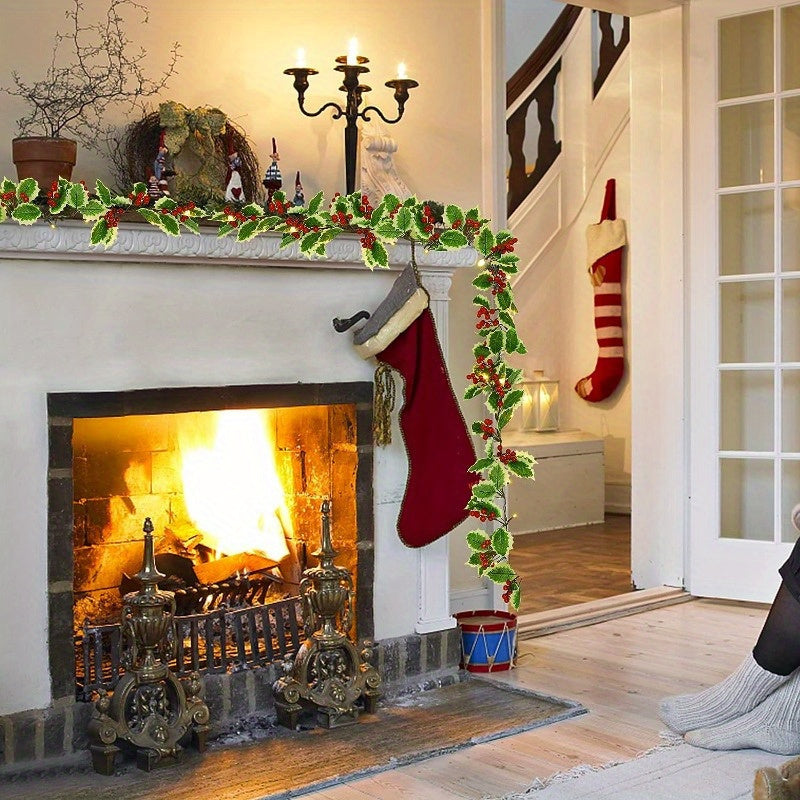 Garland 1set, 30LED Lighted Festive 170cm Christmas Garland with Red Berries and Holly Leaves