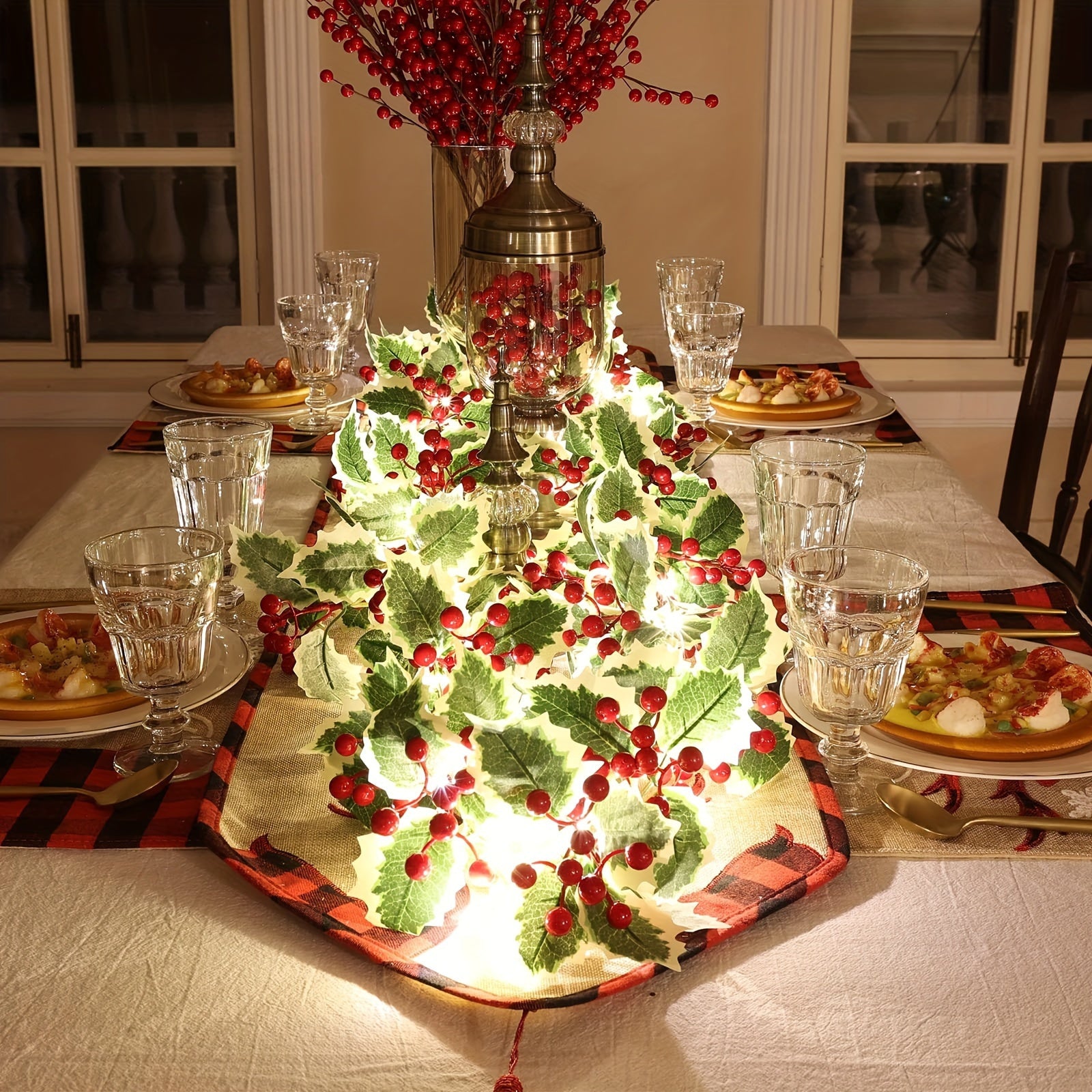 Garland 1set, 30LED Lighted Festive 170cm Christmas Garland with Red Berries and Holly Leaves