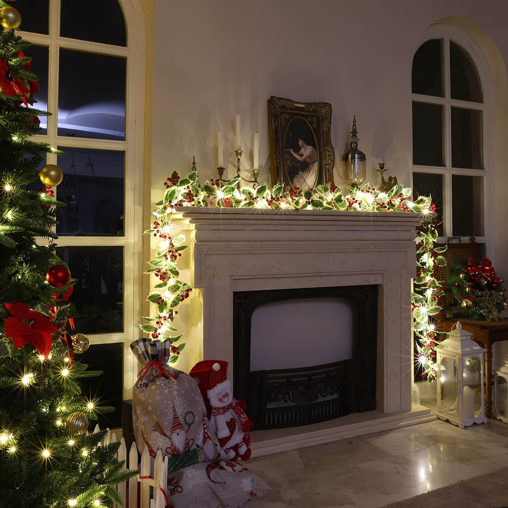 Garland 1set, 30LED Lighted Festive 170cm Christmas Garland with Red Berries and Holly Leaves