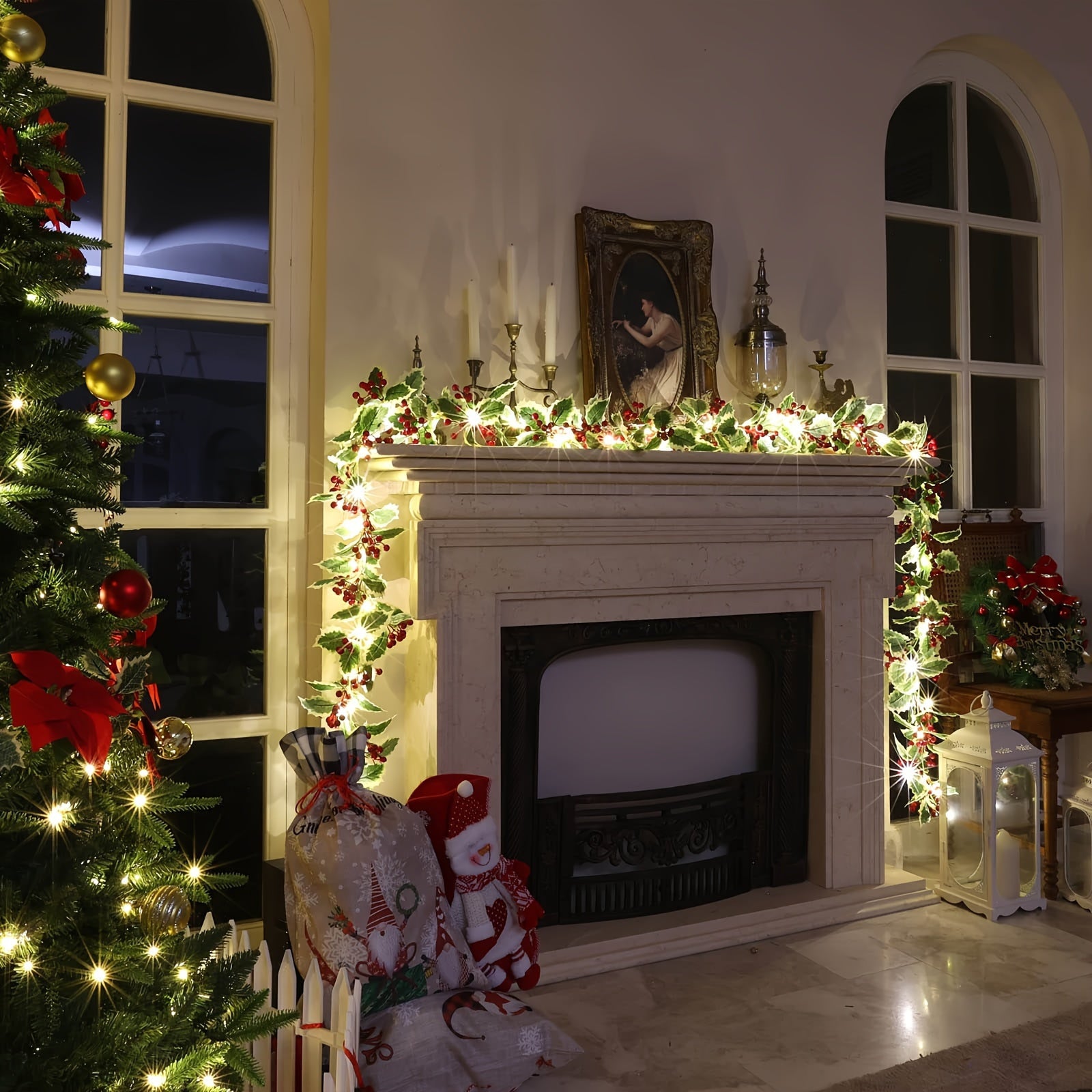 Garland 1set, 30LED Lighted Festive 170cm Christmas Garland with Red Berries and Holly Leaves
