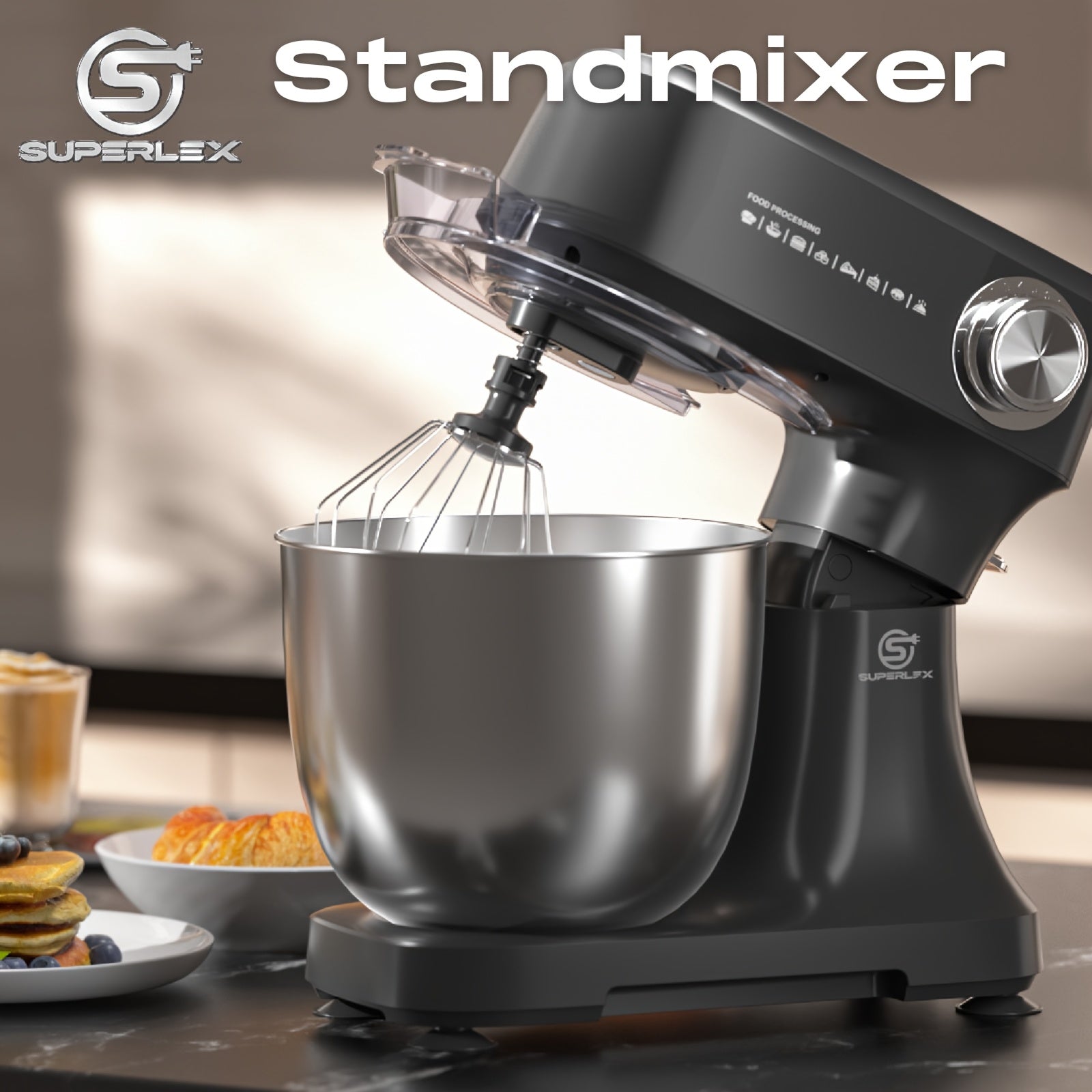 Mixer Food Processor 800 W SUPERLEX with 4.5L Stainless Steel Bowl - Professional Kneading Machine with 10 Speeds, Dough Hook, Whisk & Scraper - Stand Mixer for Bread, Cakes & More