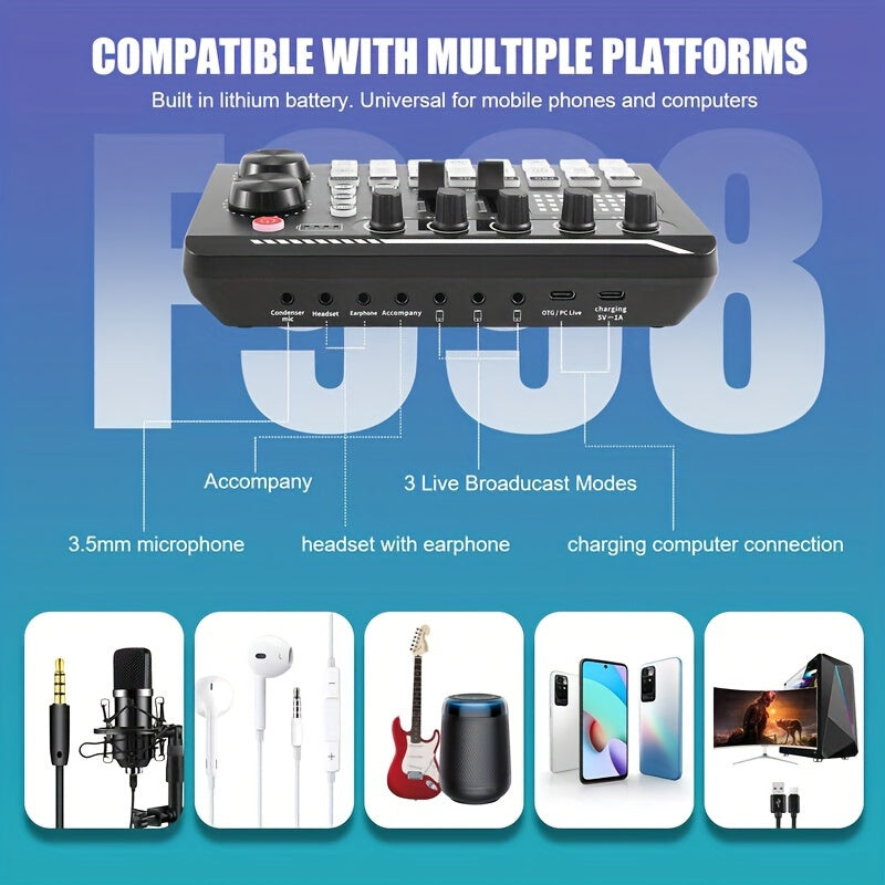Sound Card USB-Powered Live  with Audio Interface, DJ Mixer Effects, Voice Changer, Rechargeable 1200mAh Lithium Battery, for Streaming, Podcasting, Gaming - Studio Equipment