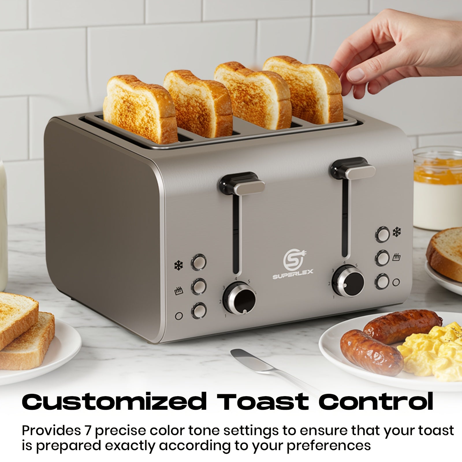 Toaster SUPERLEX 1600W 4-Slice Stainless Steel  | Digital Display | Defrost/Reheat/Cancel | Auto Pop-Up & Crumb Tray | Cord Storage (220-240V EU), Kitchen Appliance, Home Cooking, Sleek Design, Modern Toaster, Durable Construc