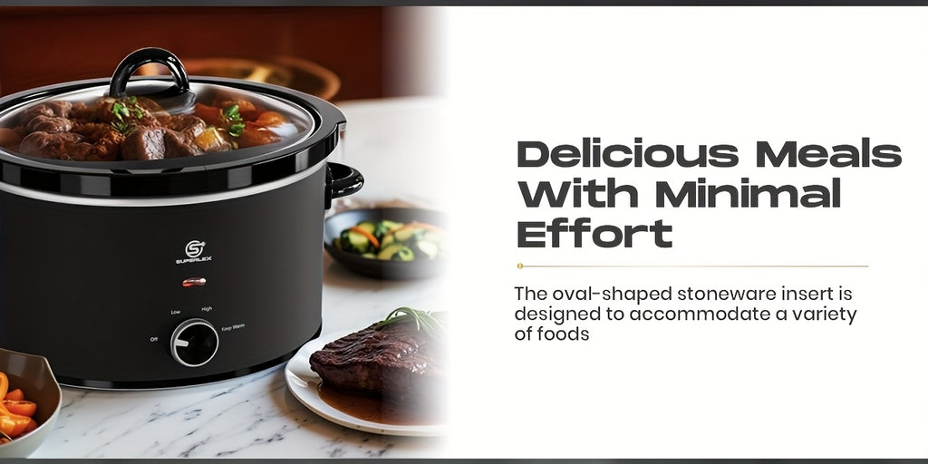 Slow Cooker SUPERLEX 6.5L Large Oval  | 200W Energy-Efficient Ceramic Pot | 4-Temp Control (High/Low/Warm/Off) | Tempered Glass Lid | Perfect for Party Cooking, Slow Cooker Recipe, Home Cooking, Stylish Cookware, Sleek Design,