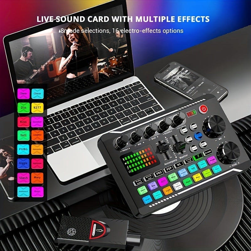 Sound Card USB-Powered Live  with Audio Interface, DJ Mixer Effects, Voice Changer, Rechargeable 1200mAh Lithium Battery, for Streaming, Podcasting, Gaming - Studio Equipment