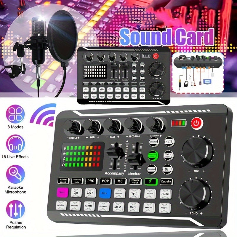 Sound Card USB-Powered Live  with Audio Interface, DJ Mixer Effects, Voice Changer, Rechargeable 1200mAh Lithium Battery, for Streaming, Podcasting, Gaming - Studio Equipment