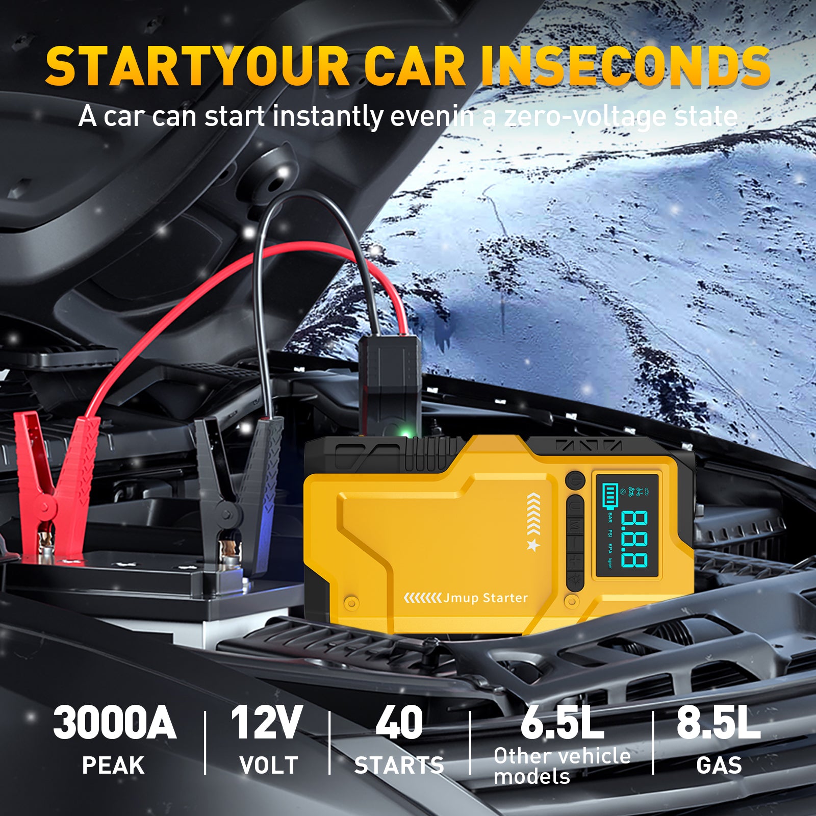 JKUOO Deluxe 9-in-1 Portable Air Pump, Car Jumper Starter with Inflator 150PSI Combo, Quick Activation Battery Power for Cars and 34.07 L/2.11G Diesel Engines, Vehicle Emergency Tool Kit Roadside Assistance, 4 Modes Adjustabl