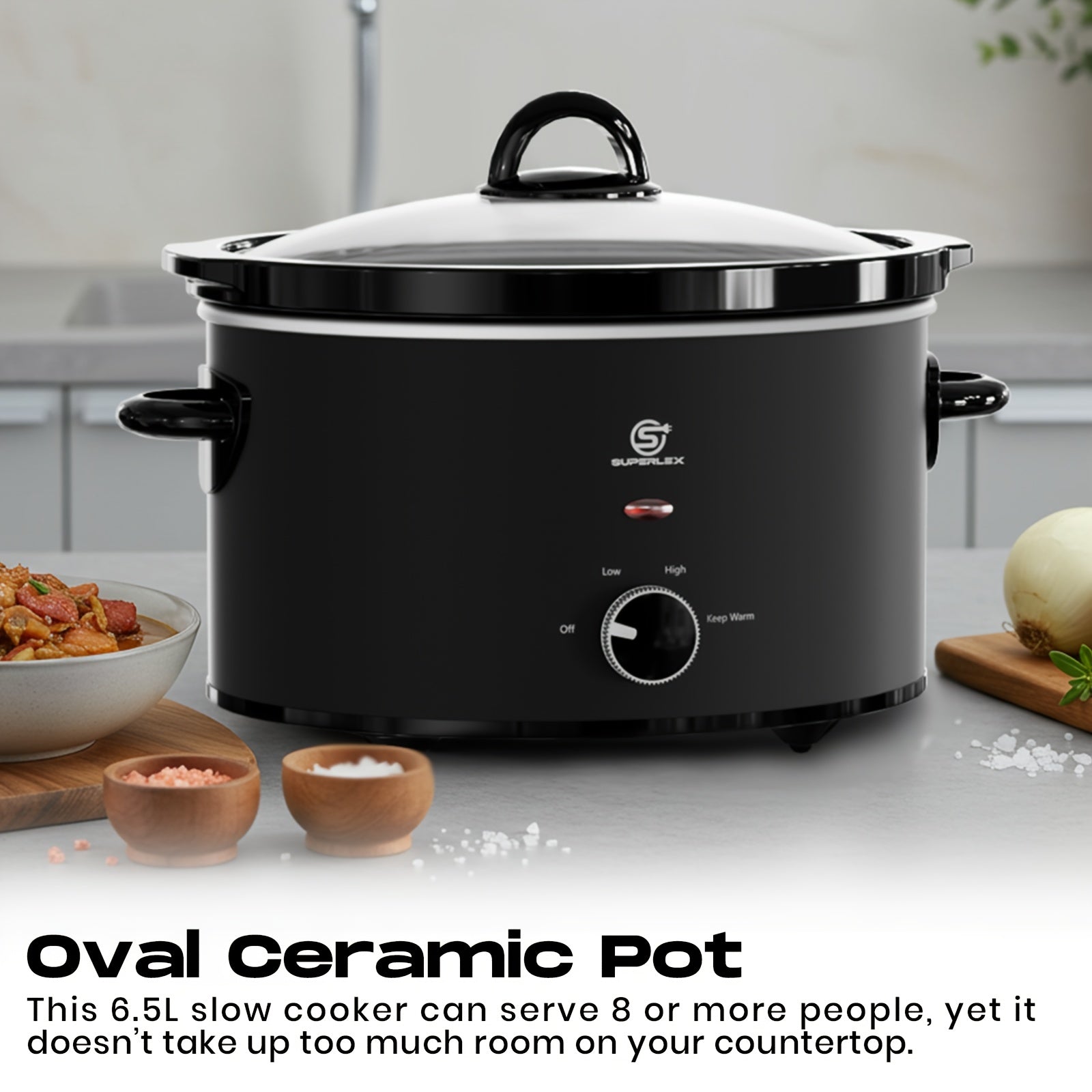 Slow Cooker SUPERLEX 6.5L Large Oval  | 200W Energy-Efficient Ceramic Pot | 4-Temp Control (High/Low/Warm/Off) | Tempered Glass Lid | Perfect for Party Cooking, Slow Cooker Recipe, Home Cooking, Stylish Cookware, Sleek Design,
