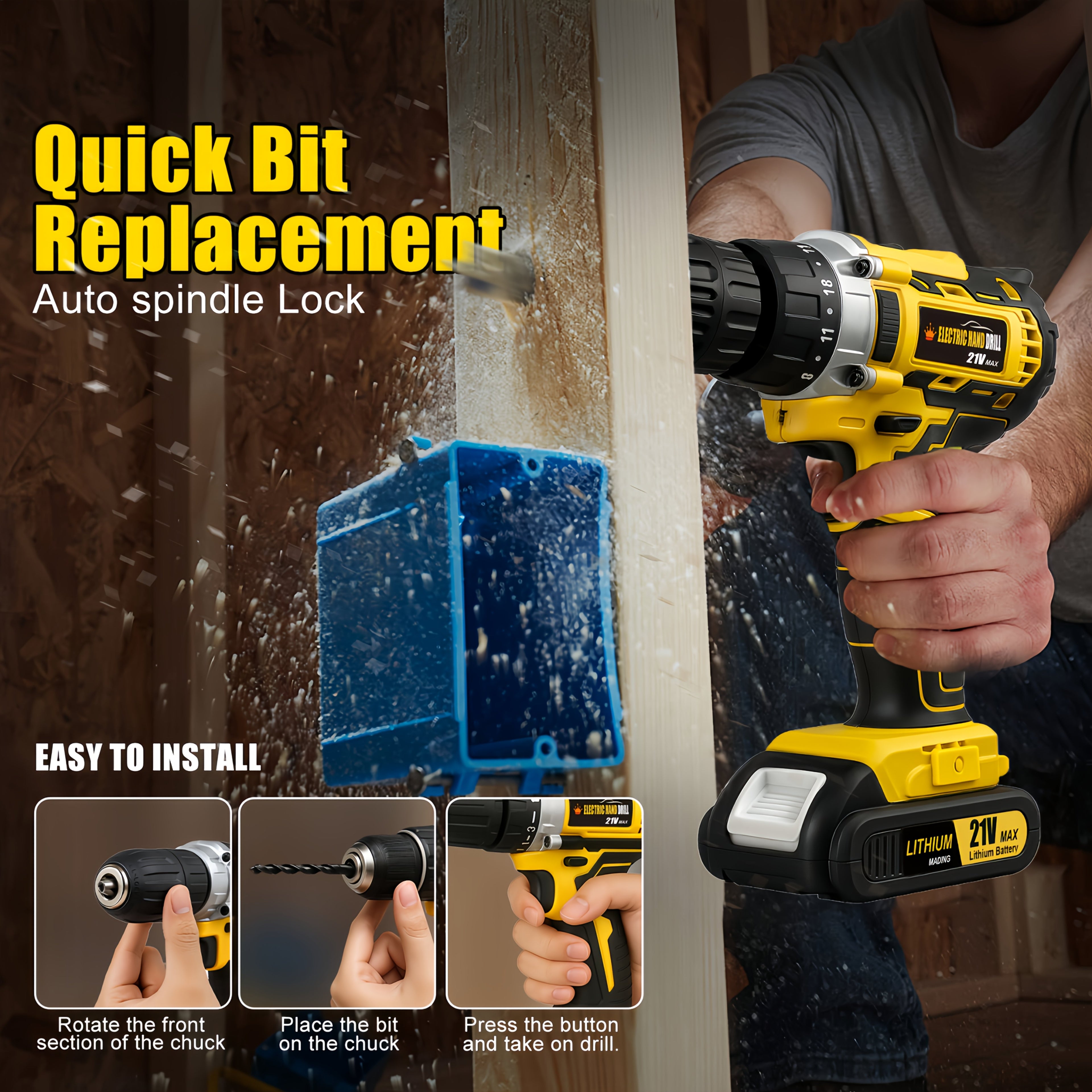 Drill Set Wireless . The New Impact Drill Is Equipped With A 3/8-inch Keyless Chuck And A Work Light