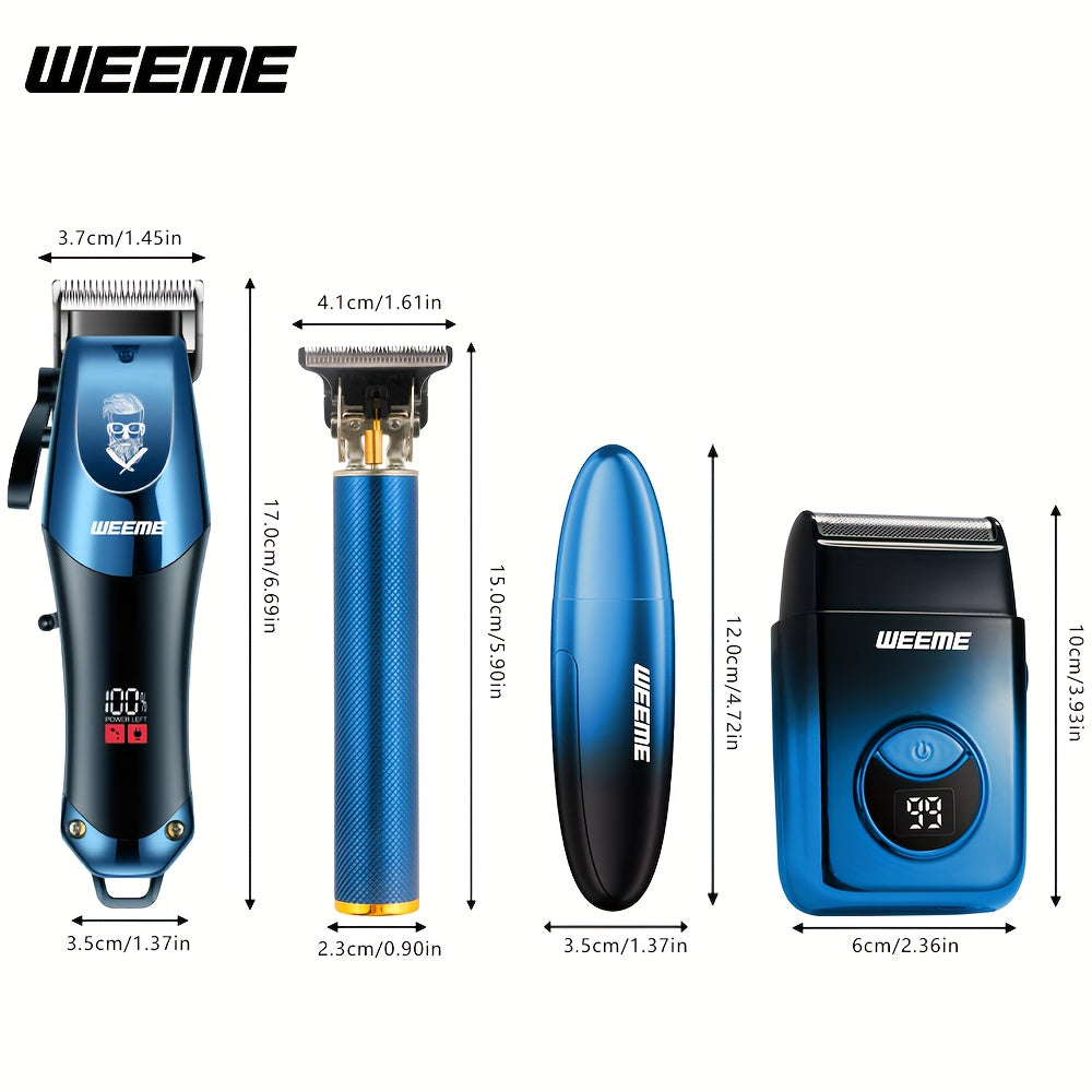 Set WEEME 4pcs Men's electric hair clipper, nose hair clipper, shaver set - wireless USB charging professional hair clipper set with lithium battery - his ideal gift, hair accessories | modern hair clipper tools | fashionable blu