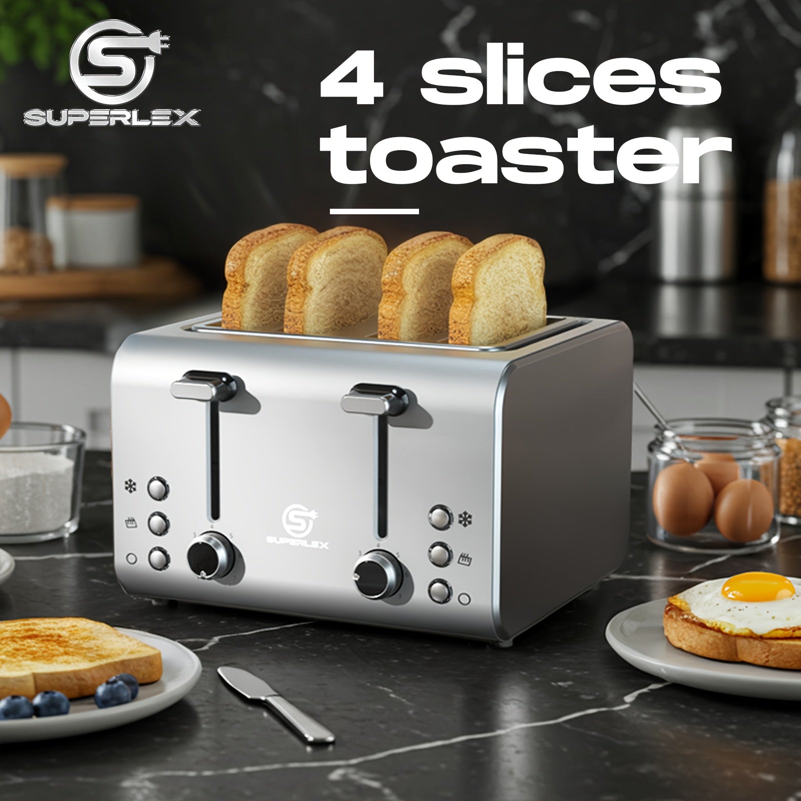 Toaster SUPERLEX 1600W 4-Slice Stainless Steel  | Digital Display | Defrost/Reheat/Cancel | Auto Pop-Up & Crumb Tray | Cord Storage (220-240V EU), Kitchen Appliance, Home Cooking, Sleek Design, Modern Toaster, Durable Construc