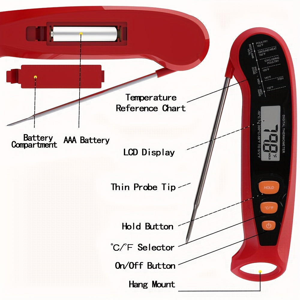 Thermometer 1pc Fast-Reading Digital Meat Thermometer, Metal Kitchen Food Temperature Meter with LCD Display, Single Use, Suitable for Food Contact, Requires 1 AAA Battery (Not Included) - Adult