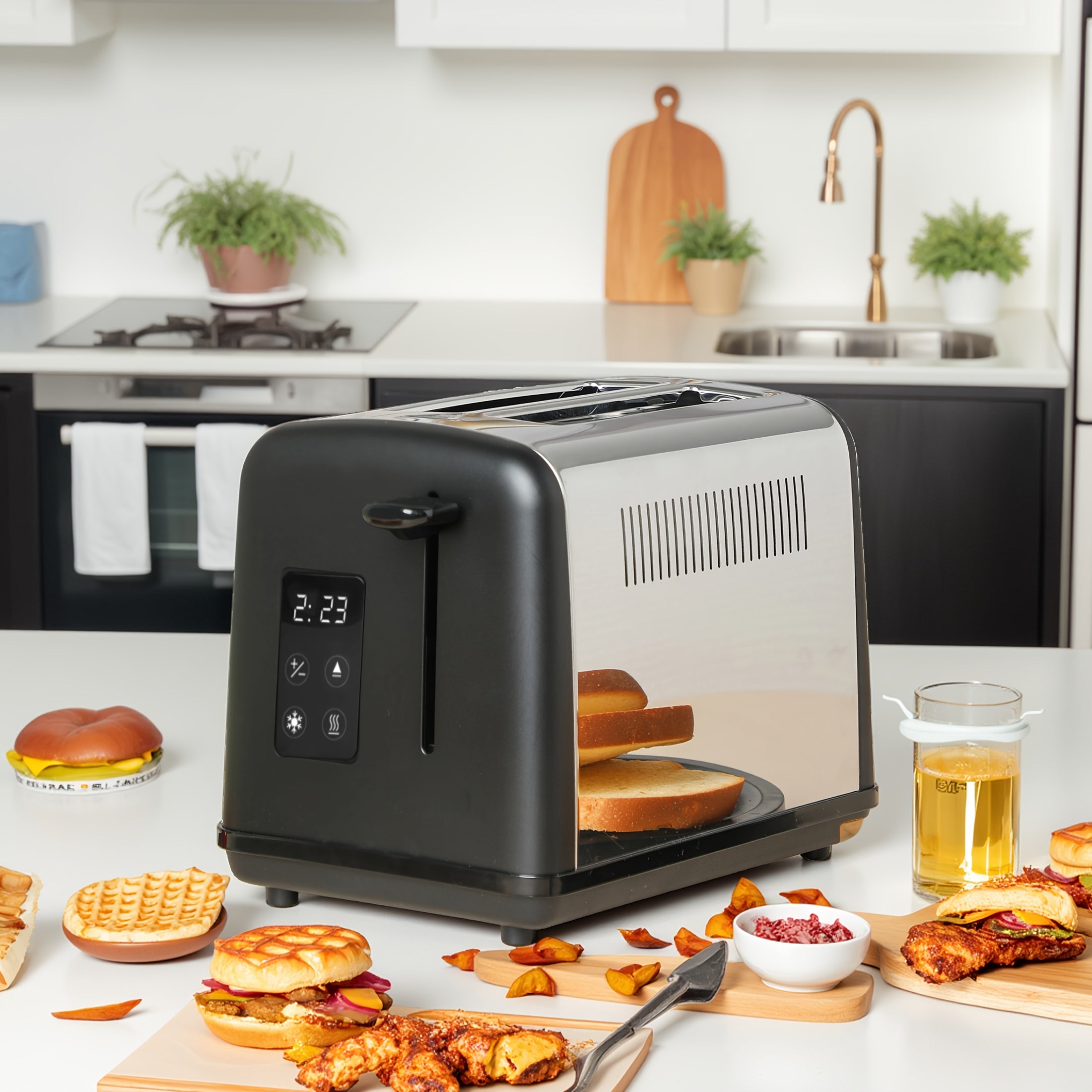 Toaster 1pc 2 Slice  with LED Touch Screen And Digital Countdown Timer Stainless Steel Bread Toasting with Extra Wide Slot And Cancel Defrost Reheat Function 6 Shade Settings Removable Slide Out Crumb Tray Cord-storage Base An