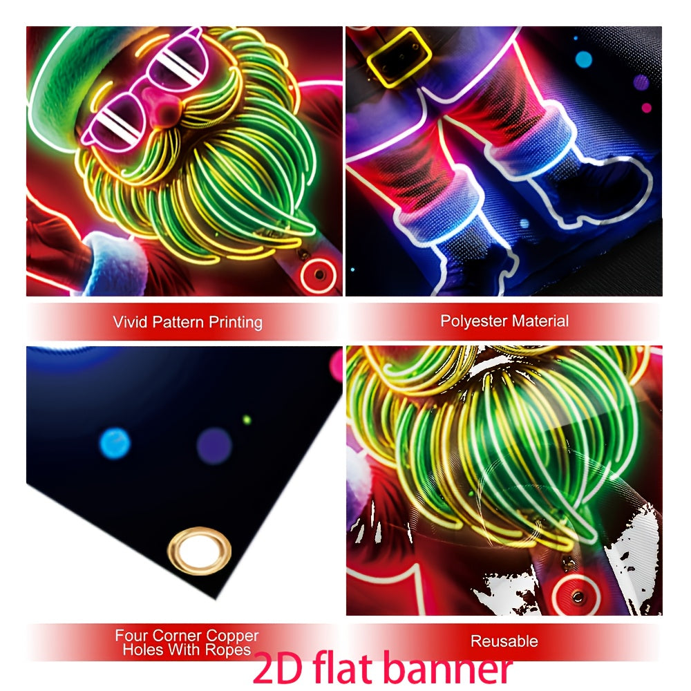 Door Banner 2D Flat, 1pc Festive Santa Claus Neon  - Durable Polyester, Glowing Christmas & New Year Party Decor