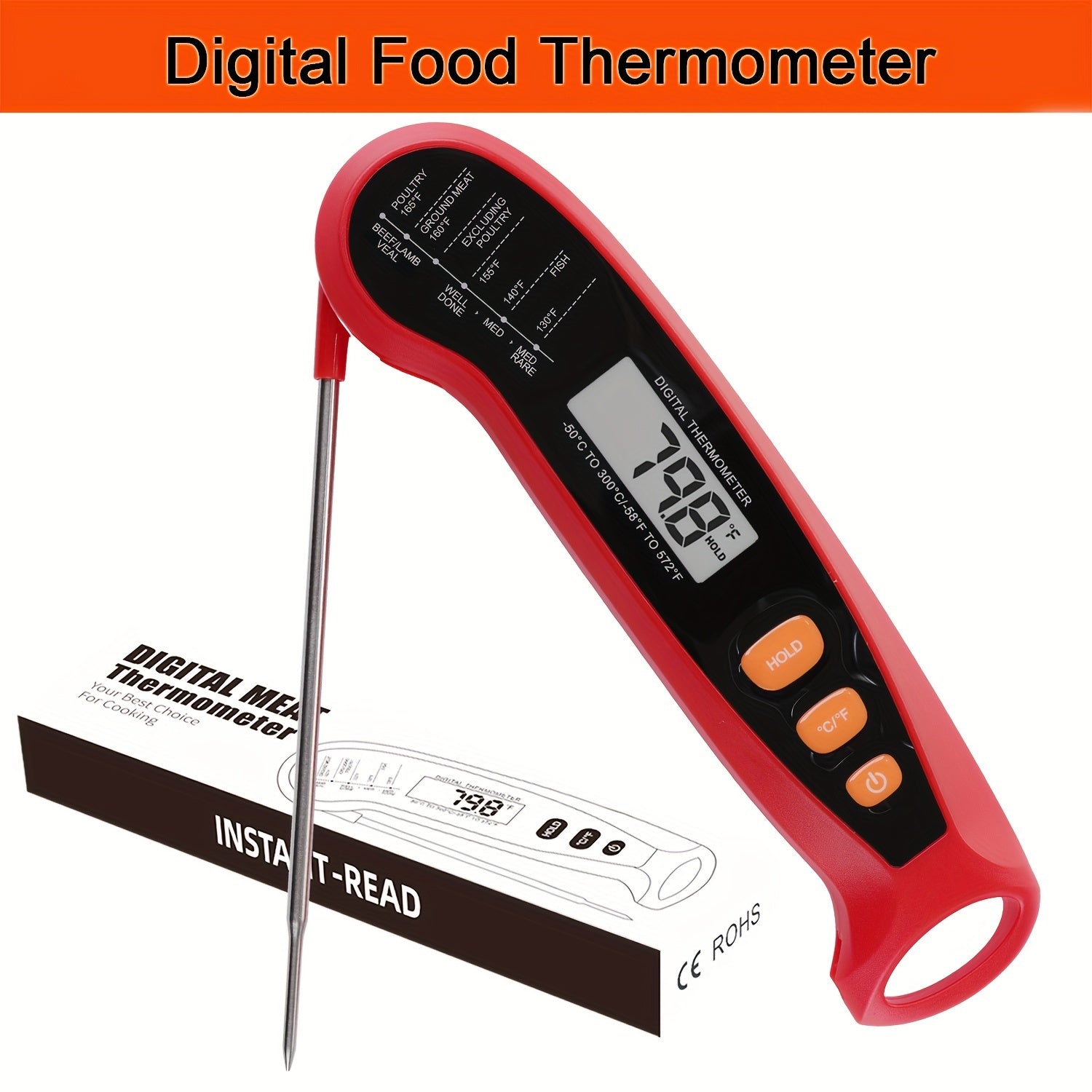 Thermometer 1pc Fast-Reading Digital Meat Thermometer, Metal Kitchen Food Temperature Meter with LCD Display, Single Use, Suitable for Food Contact, Requires 1 AAA Battery (Not Included) - Adult