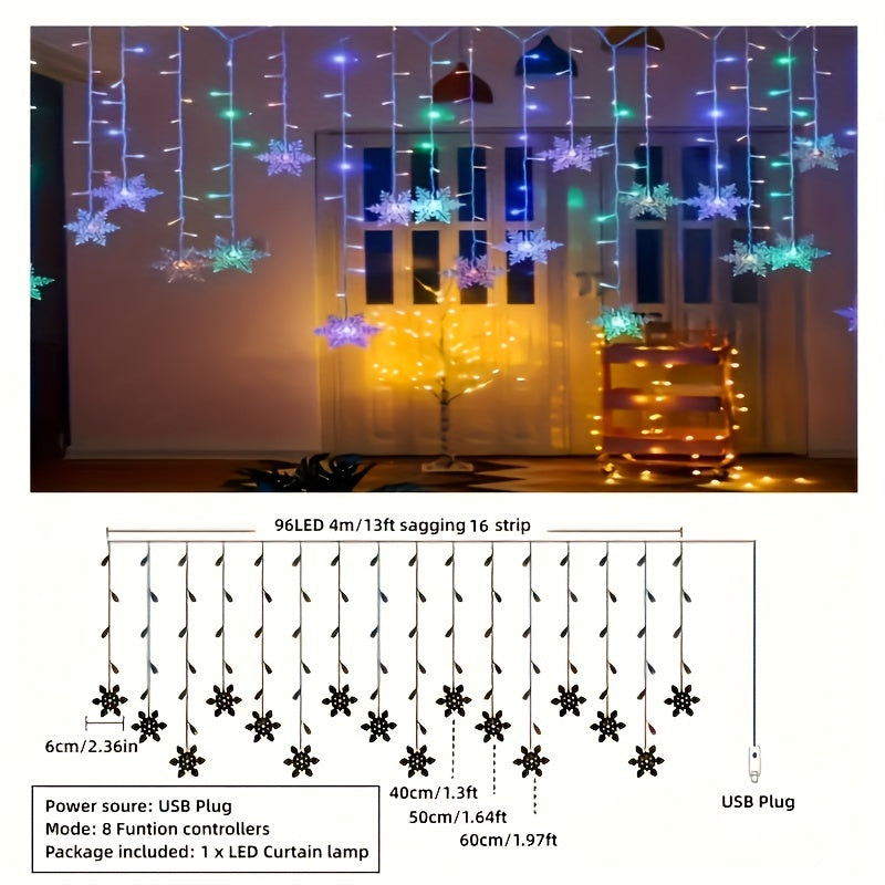 Light String 1pc YETHKE Snowflake Curtain Light, 96 LED USB Powered Fairy   with 8 Modes