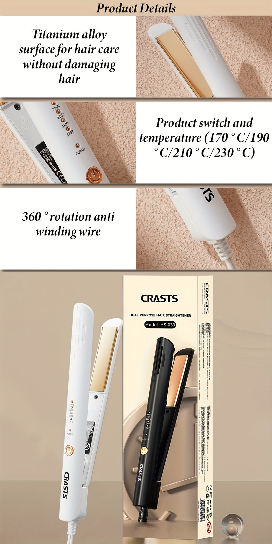Hair Straightener CRASTS Titanium Flat Iron, 24W Unisex Adult  with 4-Temperature Settings, 220V Type C Plug, No Battery Required, for Straightening and Styling Hair, Home Use