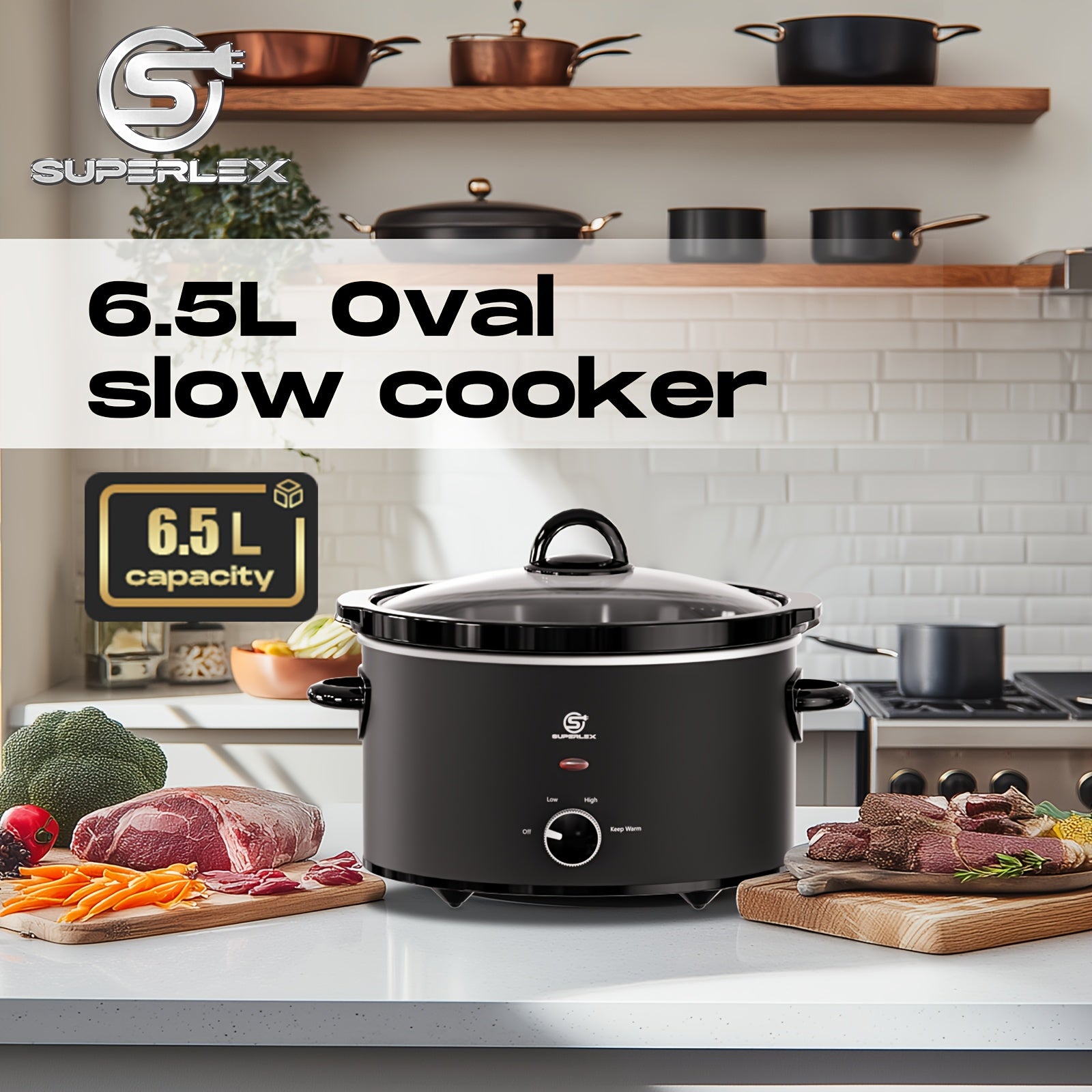 Slow Cooker SUPERLEX 6.5L Large Oval  | 200W Energy-Efficient Ceramic Pot | 4-Temp Control (High/Low/Warm/Off) | Tempered Glass Lid | Perfect for Party Cooking, Slow Cooker Recipe, Home Cooking, Stylish Cookware, Sleek Design,