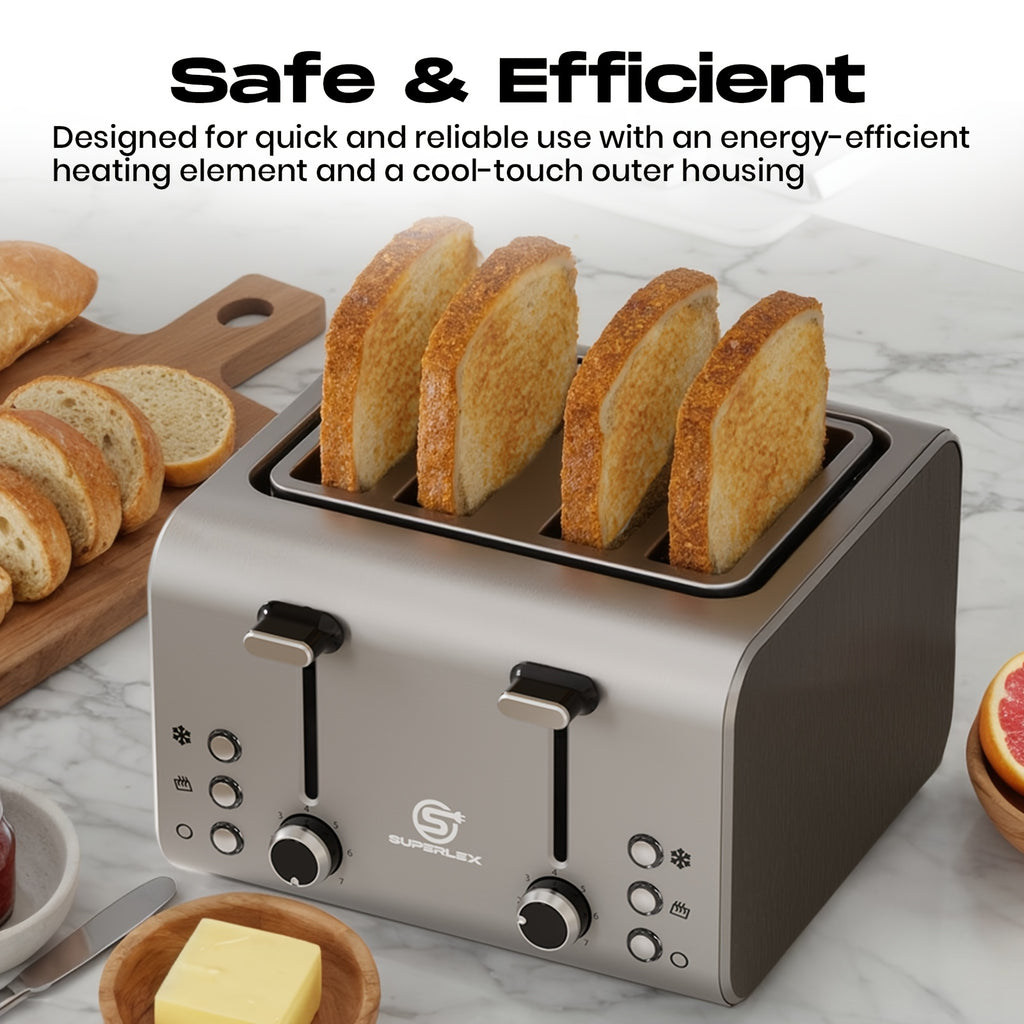 Toaster SUPERLEX 1600W 4-Slice Stainless Steel  | Digital Display | Defrost/Reheat/Cancel | Auto Pop-Up & Crumb Tray | Cord Storage (220-240V EU), Kitchen Appliance, Home Cooking, Sleek Design, Modern Toaster, Durable Construc