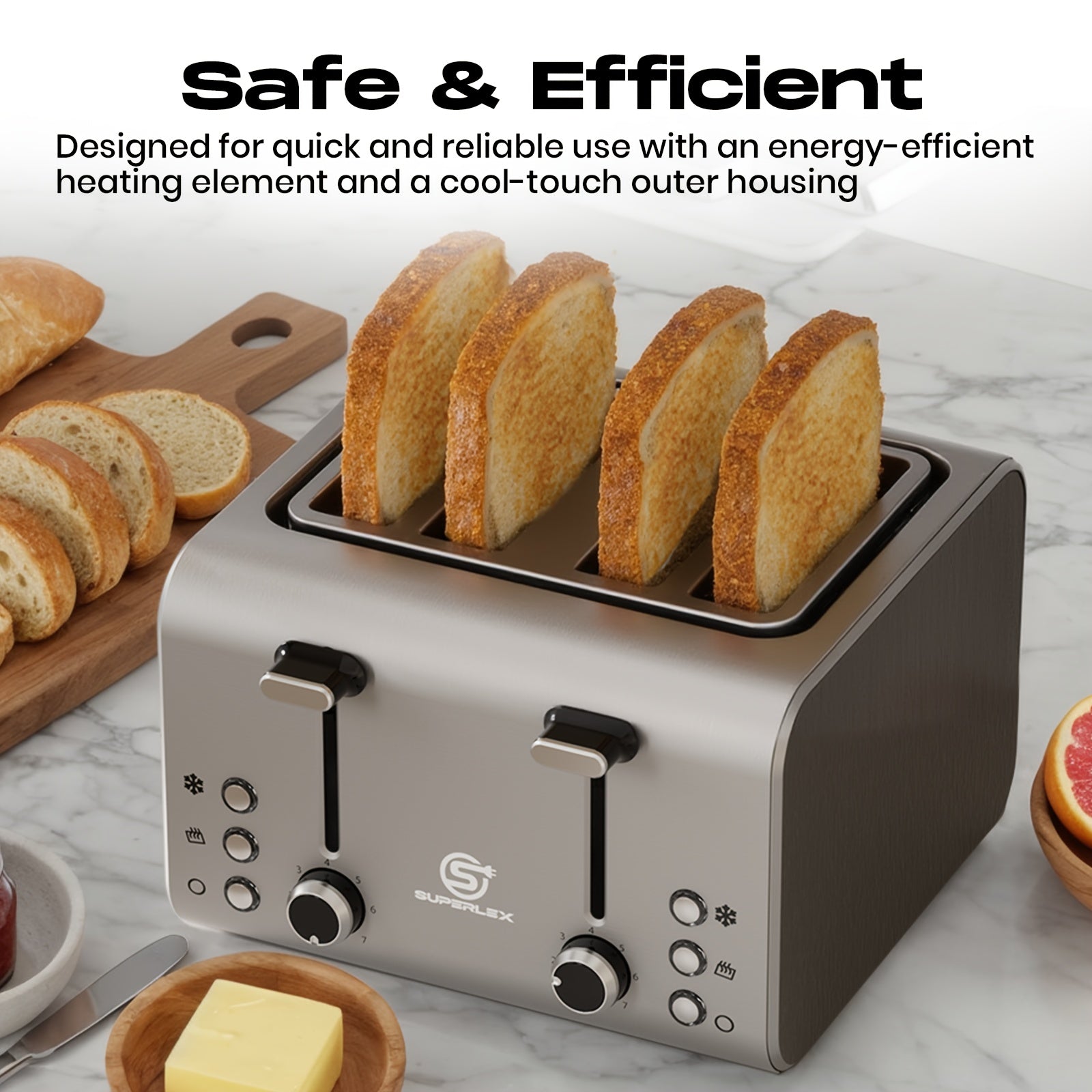 Toaster SUPERLEX 1600W 4-Slice Stainless Steel  | Digital Display | Defrost/Reheat/Cancel | Auto Pop-Up & Crumb Tray | Cord Storage (220-240V EU), Kitchen Appliance, Home Cooking, Sleek Design, Modern Toaster, Durable Construc