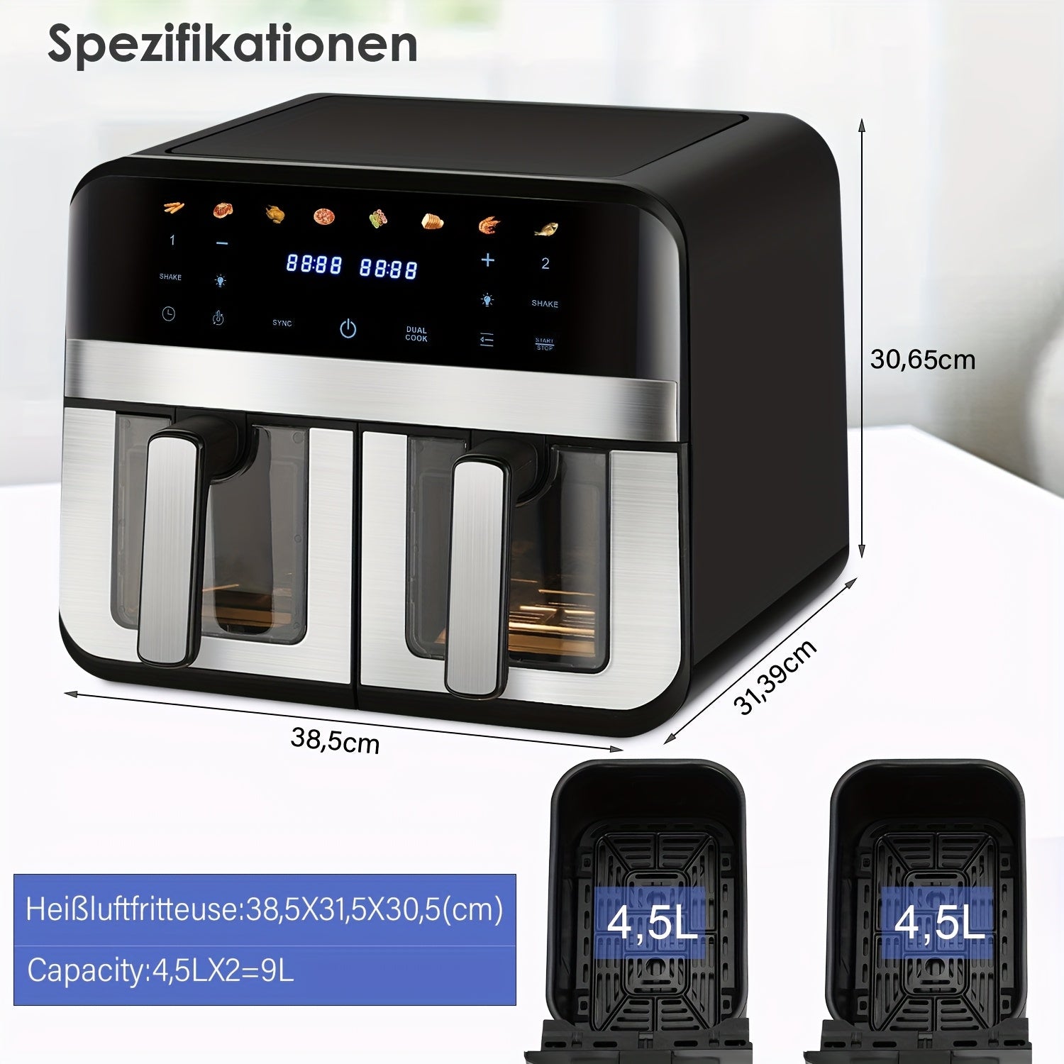 Air Fryer 9/10L Dual Zone  with Visual Window, 8 Pre-Programmed Menus Smart Cooking