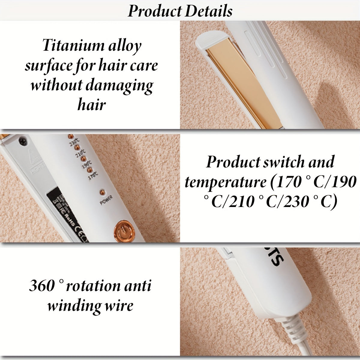 Hair Straightener CRASTS Titanium Flat Iron, 24W Unisex Adult  with 4-Temperature Settings, 220V Type C Plug, No Battery Required, for Straightening and Styling Hair, Home Use