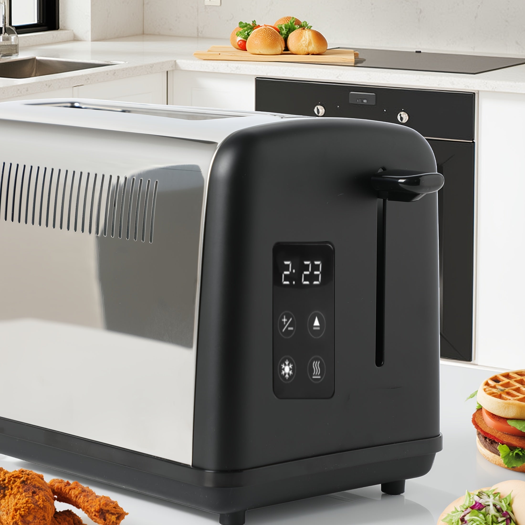 Toaster 1pc 2 Slice  with LED Touch Screen And Digital Countdown Timer Stainless Steel Bread Toasting with Extra Wide Slot And Cancel Defrost Reheat Function 6 Shade Settings Removable Slide Out Crumb Tray Cord-storage Base An