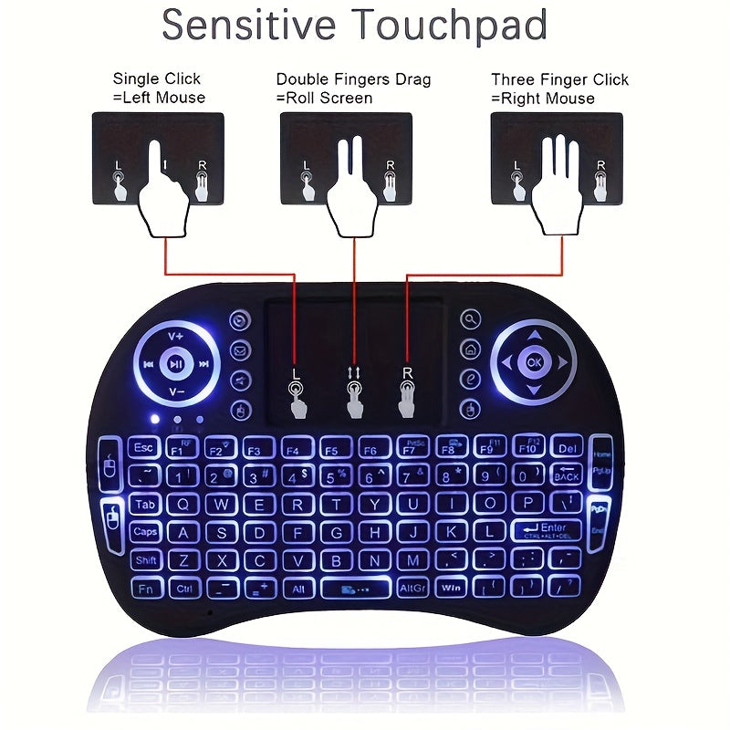 Keyboard i8 2.4G Mini wireless with touchpad &7-color Backlit, plug and play, Super cool design,Perfect for Android TV Box, Smart TV, Projector, PS3, and more!