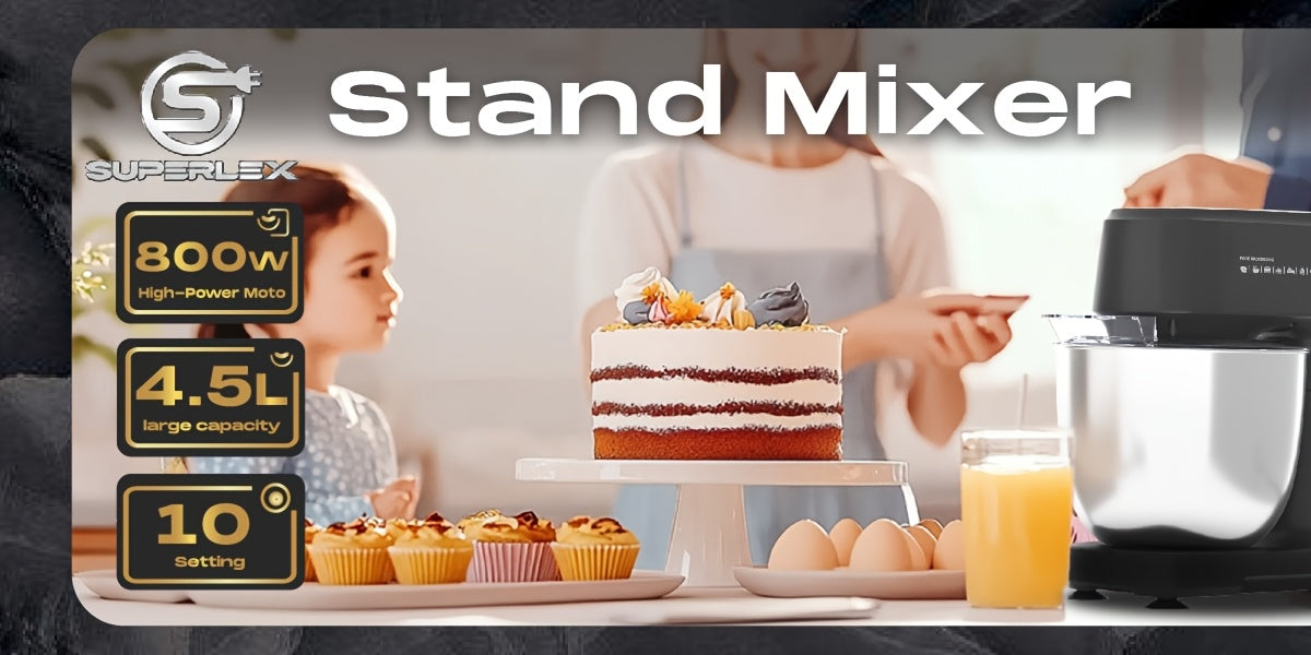 Mixer Food Processor 800 W SUPERLEX with 4.5L Stainless Steel Bowl - Professional Kneading Machine with 10 Speeds, Dough Hook, Whisk & Scraper - Stand Mixer for Bread, Cakes & More
