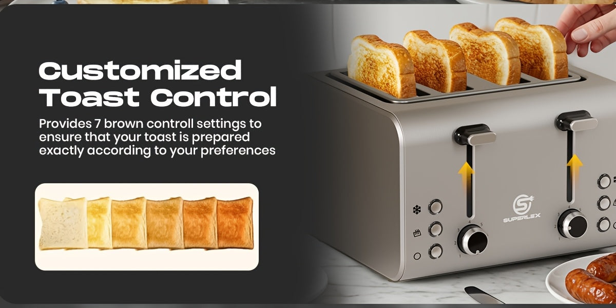 Toaster SUPERLEX 1600W 4-Slice Stainless Steel  | Digital Display | Defrost/Reheat/Cancel | Auto Pop-Up & Crumb Tray | Cord Storage (220-240V EU), Kitchen Appliance, Home Cooking, Sleek Design, Modern Toaster, Durable Construc