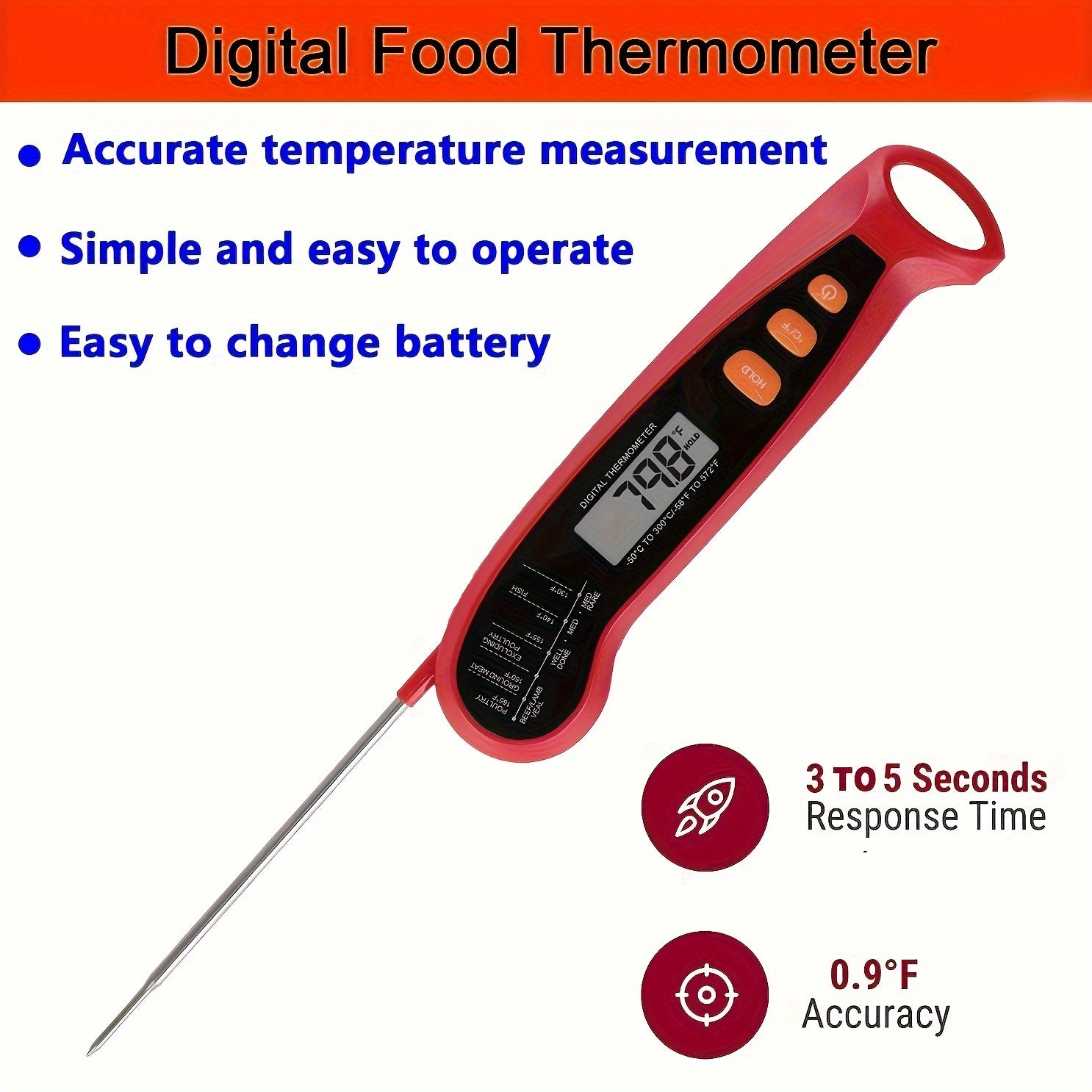 Thermometer 1pc Fast-Reading Digital Meat Thermometer, Metal Kitchen Food Temperature Meter with LCD Display, Single Use, Suitable for Food Contact, Requires 1 AAA Battery (Not Included) - Adult