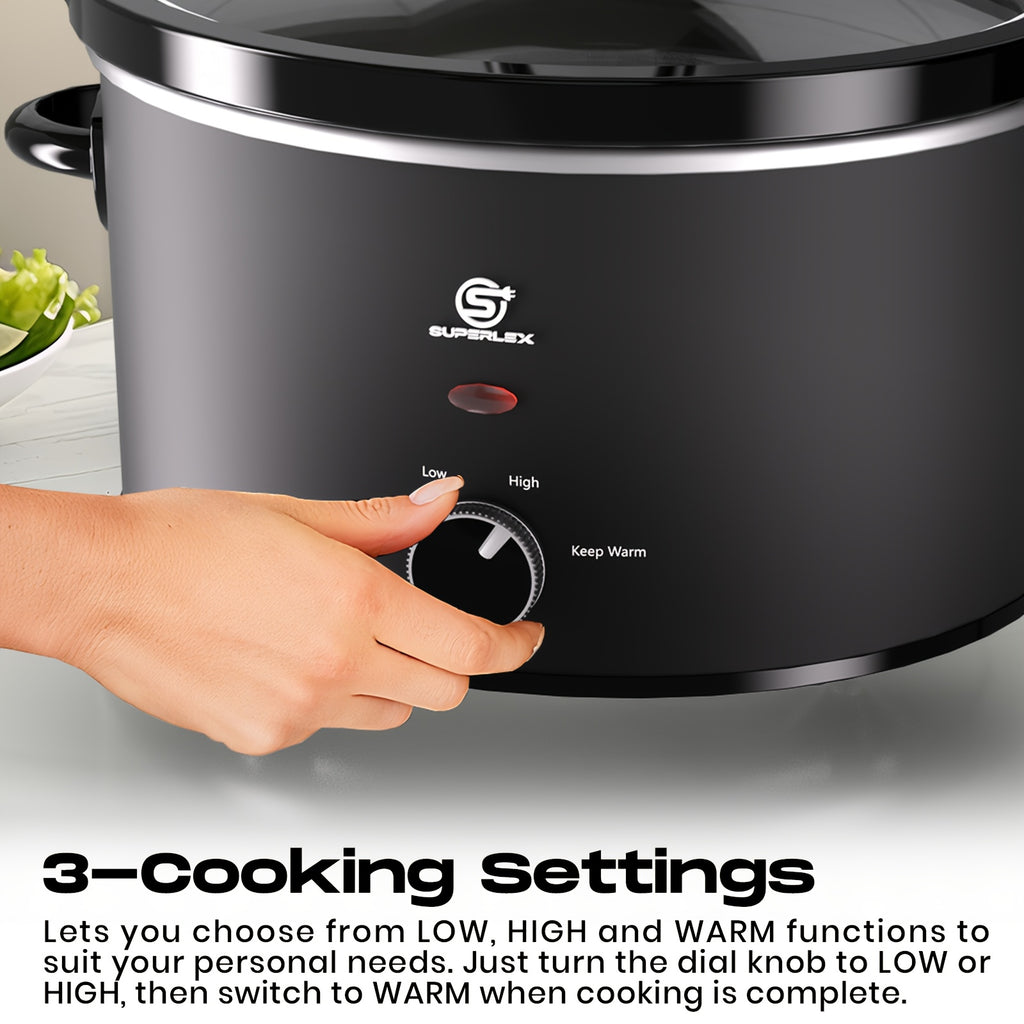 Slow Cooker SUPERLEX 6.5L Large Oval  | 200W Energy-Efficient Ceramic Pot | 4-Temp Control (High/Low/Warm/Off) | Tempered Glass Lid | Perfect for Party Cooking, Slow Cooker Recipe, Home Cooking, Stylish Cookware, Sleek Design,