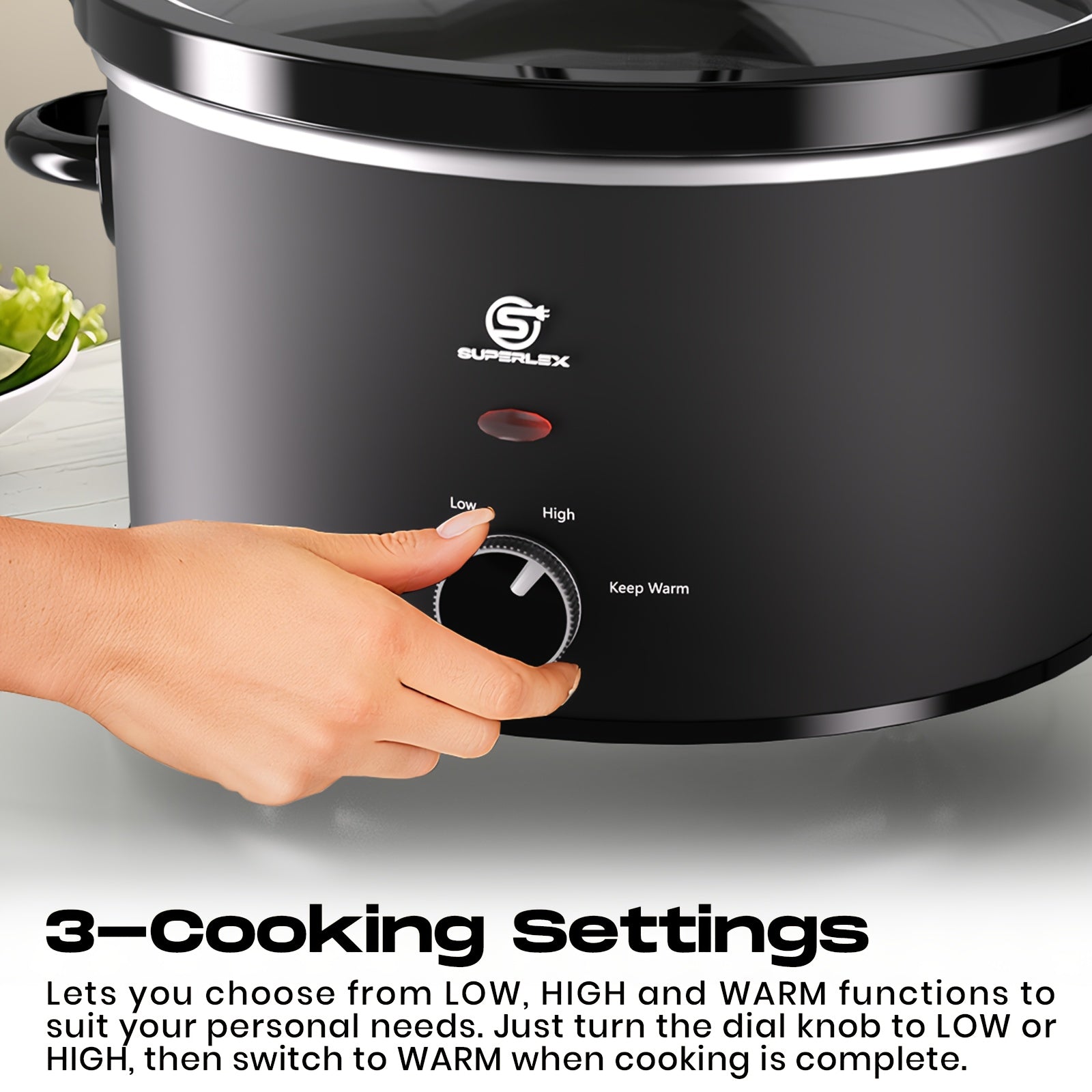 Slow Cooker SUPERLEX 6.5L Large Oval  | 200W Energy-Efficient Ceramic Pot | 4-Temp Control (High/Low/Warm/Off) | Tempered Glass Lid | Perfect for Party Cooking, Slow Cooker Recipe, Home Cooking, Stylish Cookware, Sleek Design,