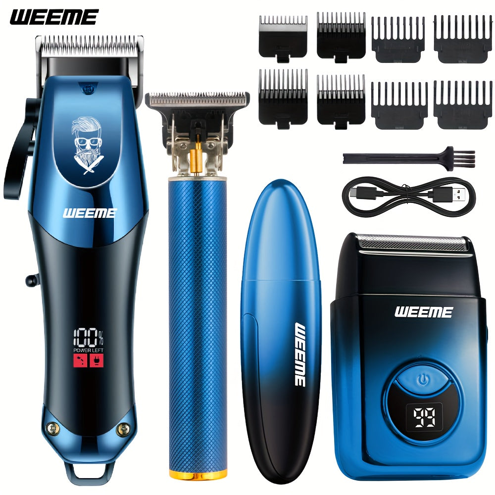 Set WEEME 4pcs Men's electric hair clipper, nose hair clipper, shaver set - wireless USB charging professional hair clipper set with lithium battery - his ideal gift, hair accessories | modern hair clipper tools | fashionable blu