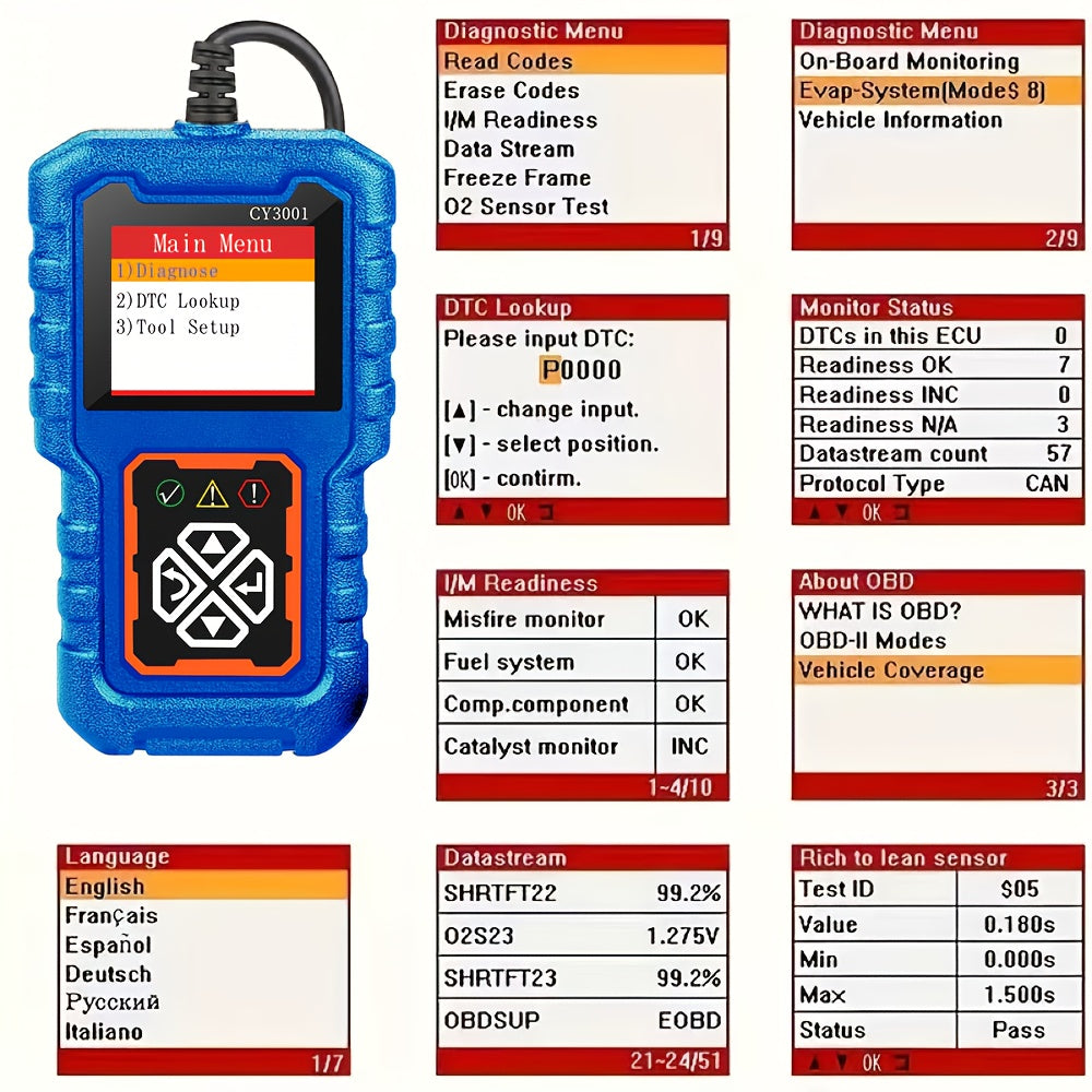 Scanner CY3001 Car OBD2  Reader Engine Fault Scanner CAN Diagnostic Tool for All OBD II Protocol Cars Since 1996, Without Battery