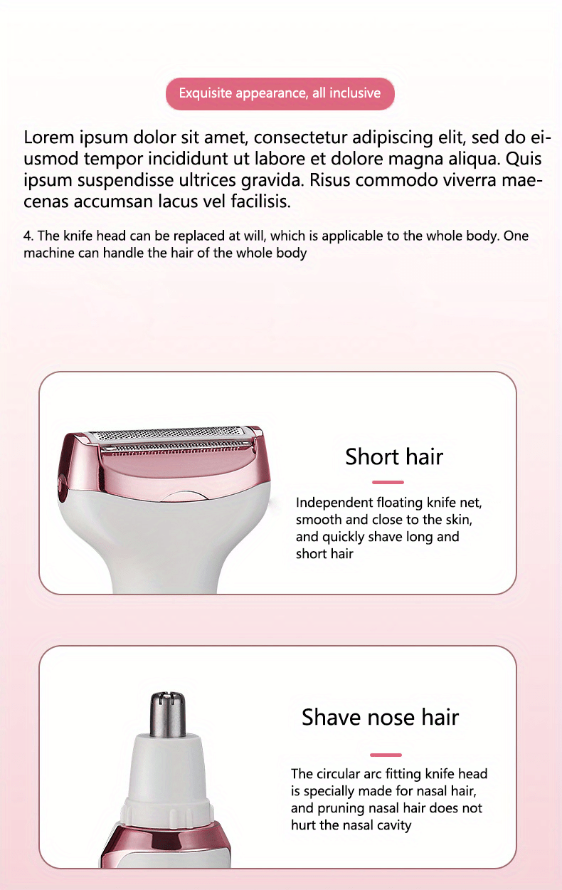 Hair Remover 4in1 Women's Electric  Multifunctional Women's Electric Shaver Trimmer Set Bikini Line Trimmer for Women USB Rechargeable for Eyebrows, Nose, Face Legs Hair Removal Portable Gentle Perfect Gift for Women